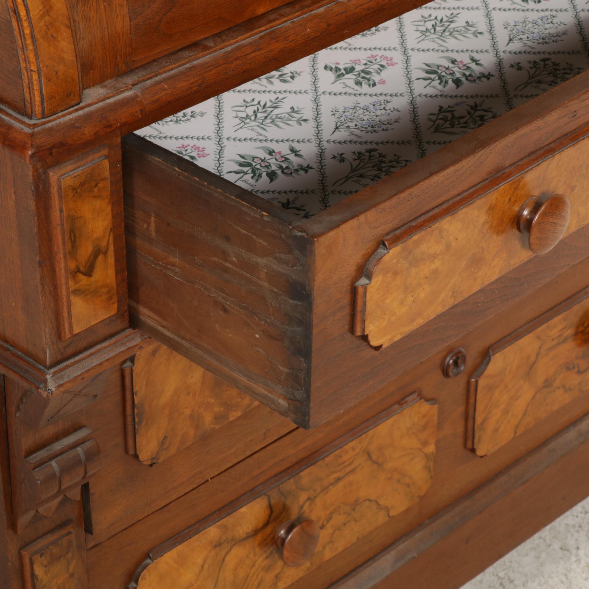 Walnut and Burl Wood Roll Top Secretary Desk and Bookcase, Early 20th Century