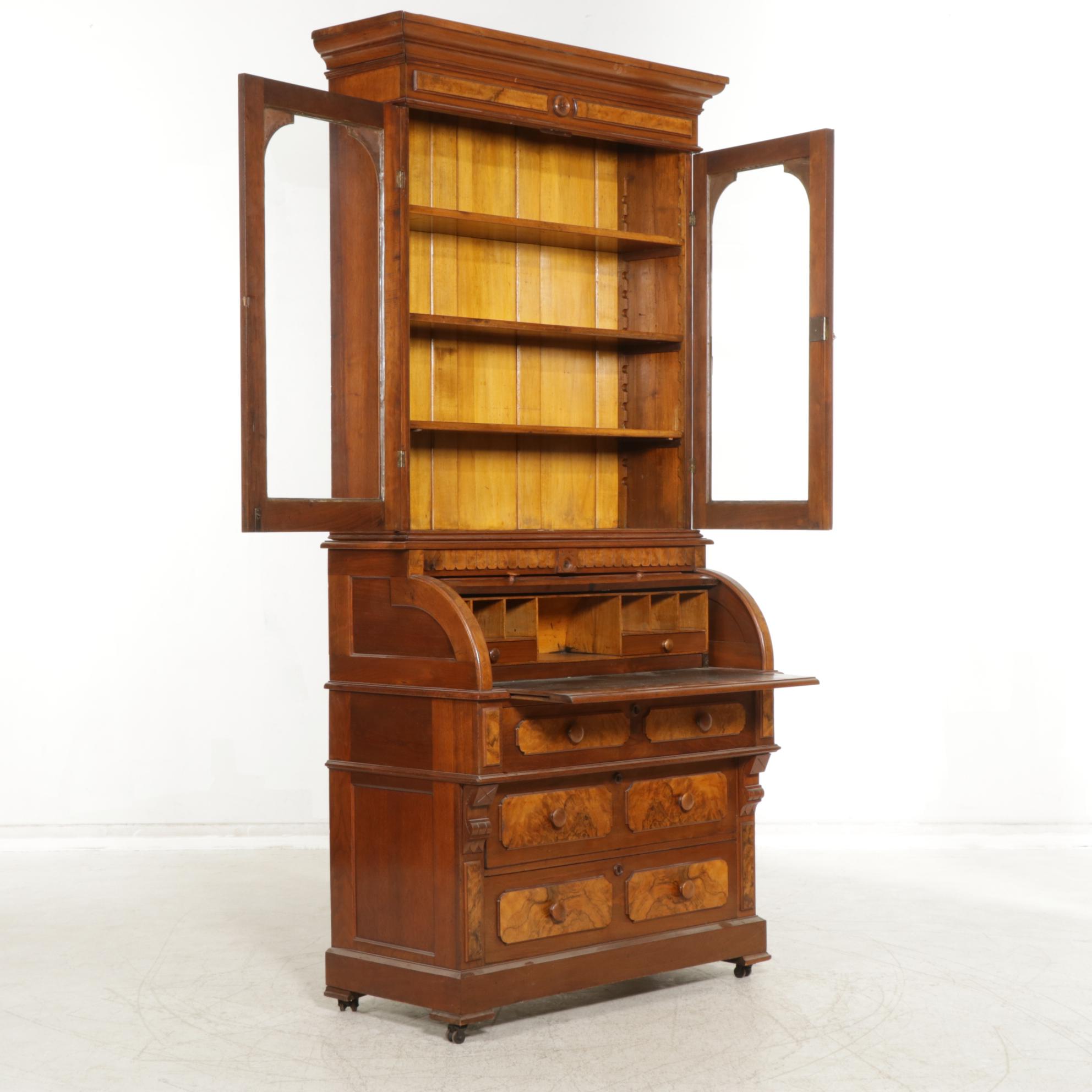 Walnut and Burl Wood Roll Top Secretary Desk and Bookcase, Early 20th Century