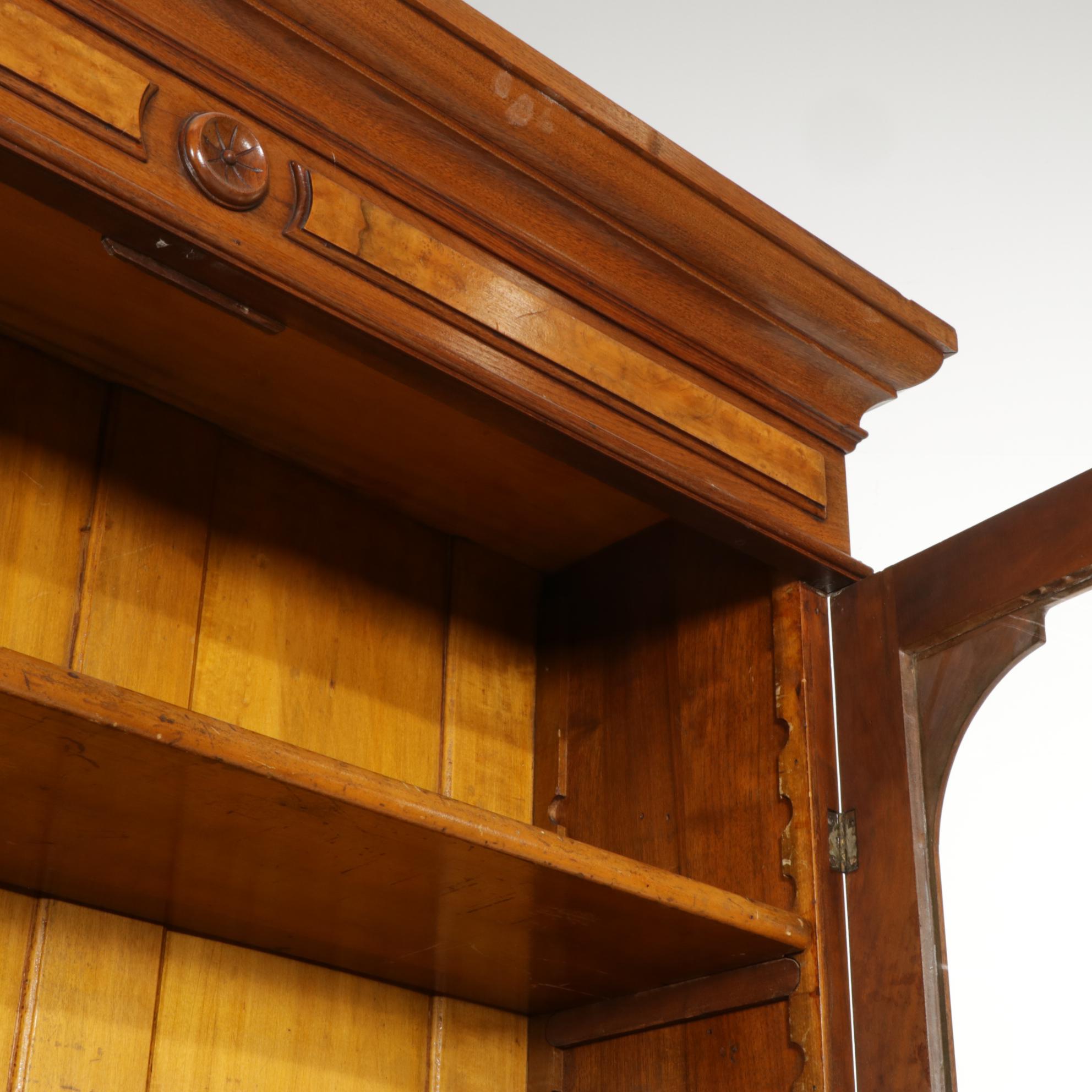 Walnut and Burl Wood Roll Top Secretary Desk and Bookcase, Early 20th Century