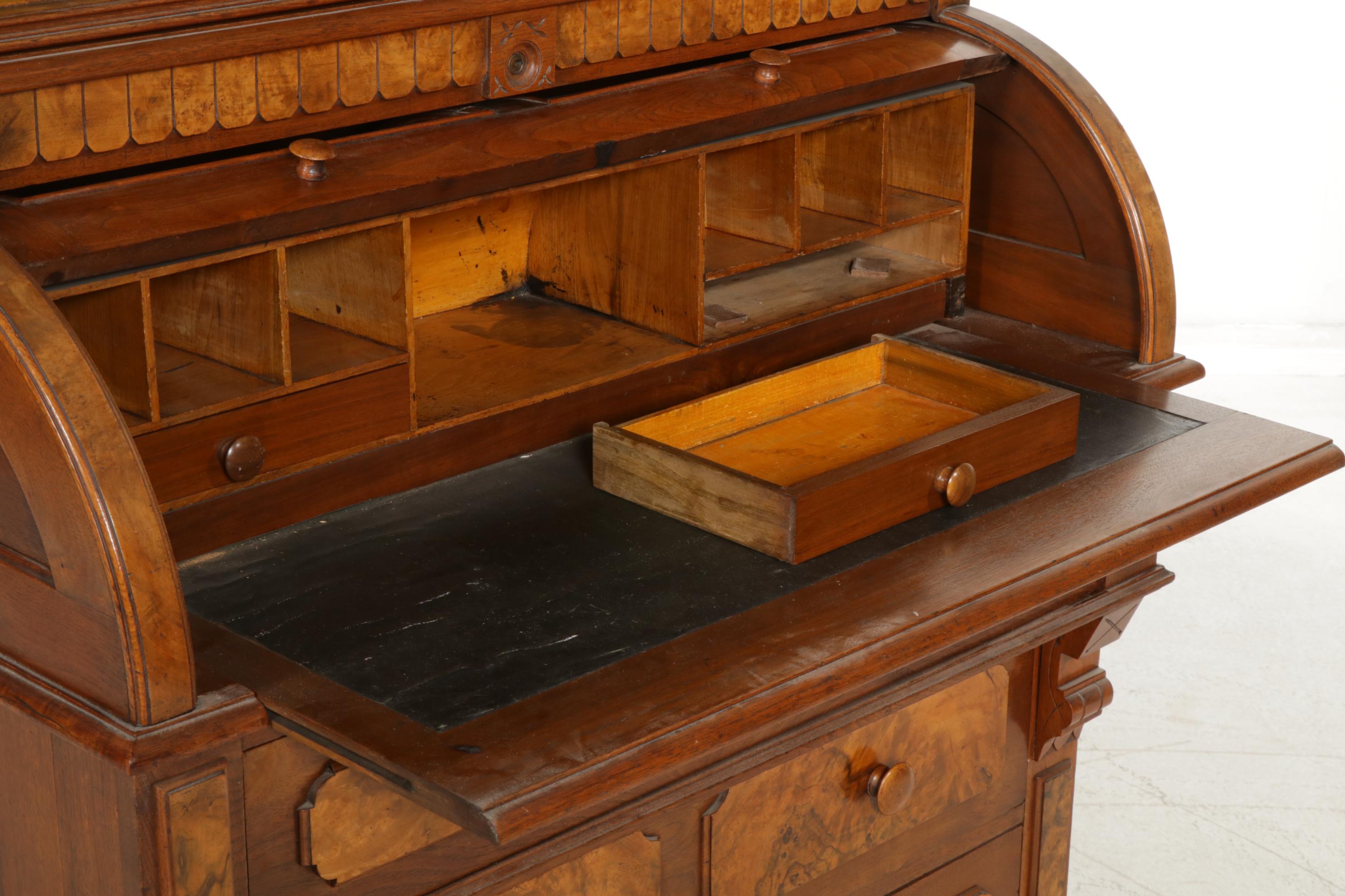Walnut and Burl Wood Roll Top Secretary Desk and Bookcase, Early 20th Century