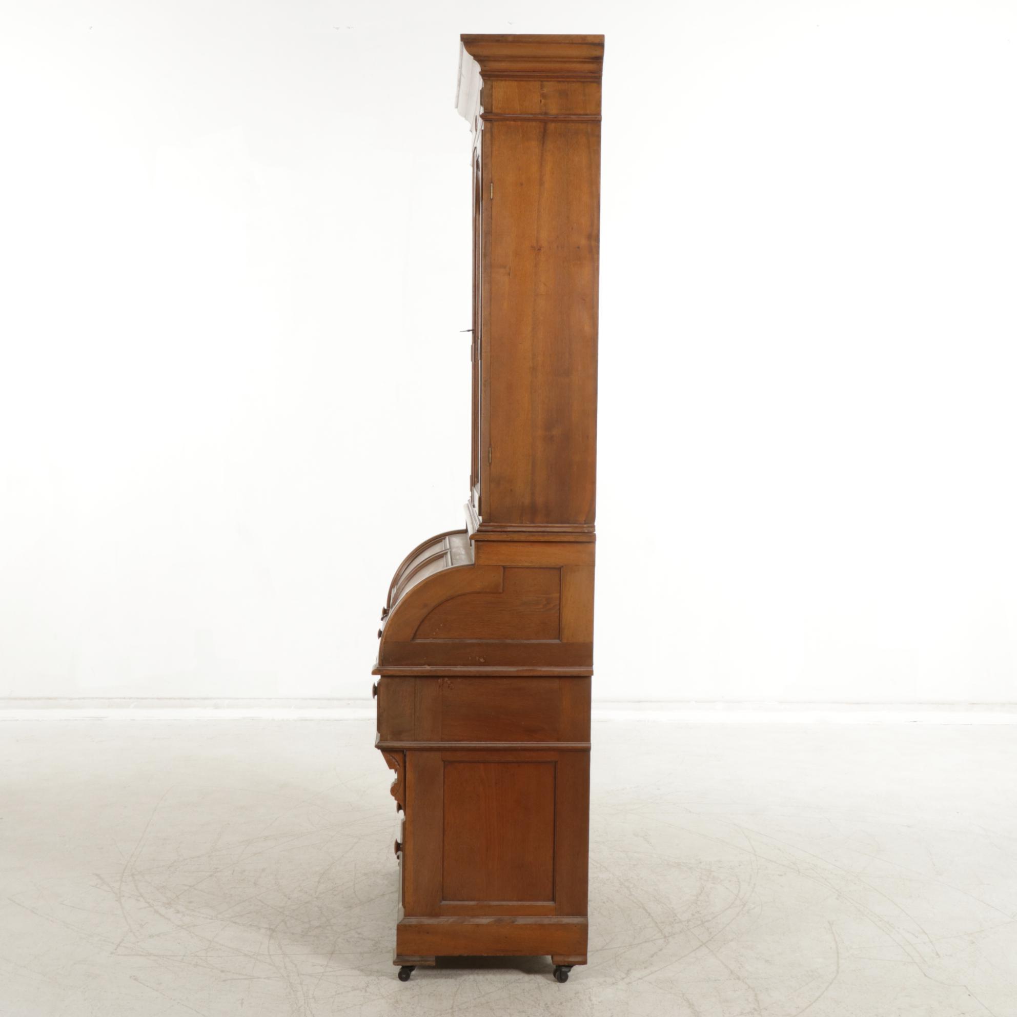 Walnut and Burl Wood Roll Top Secretary Desk and Bookcase, Early 20th Century