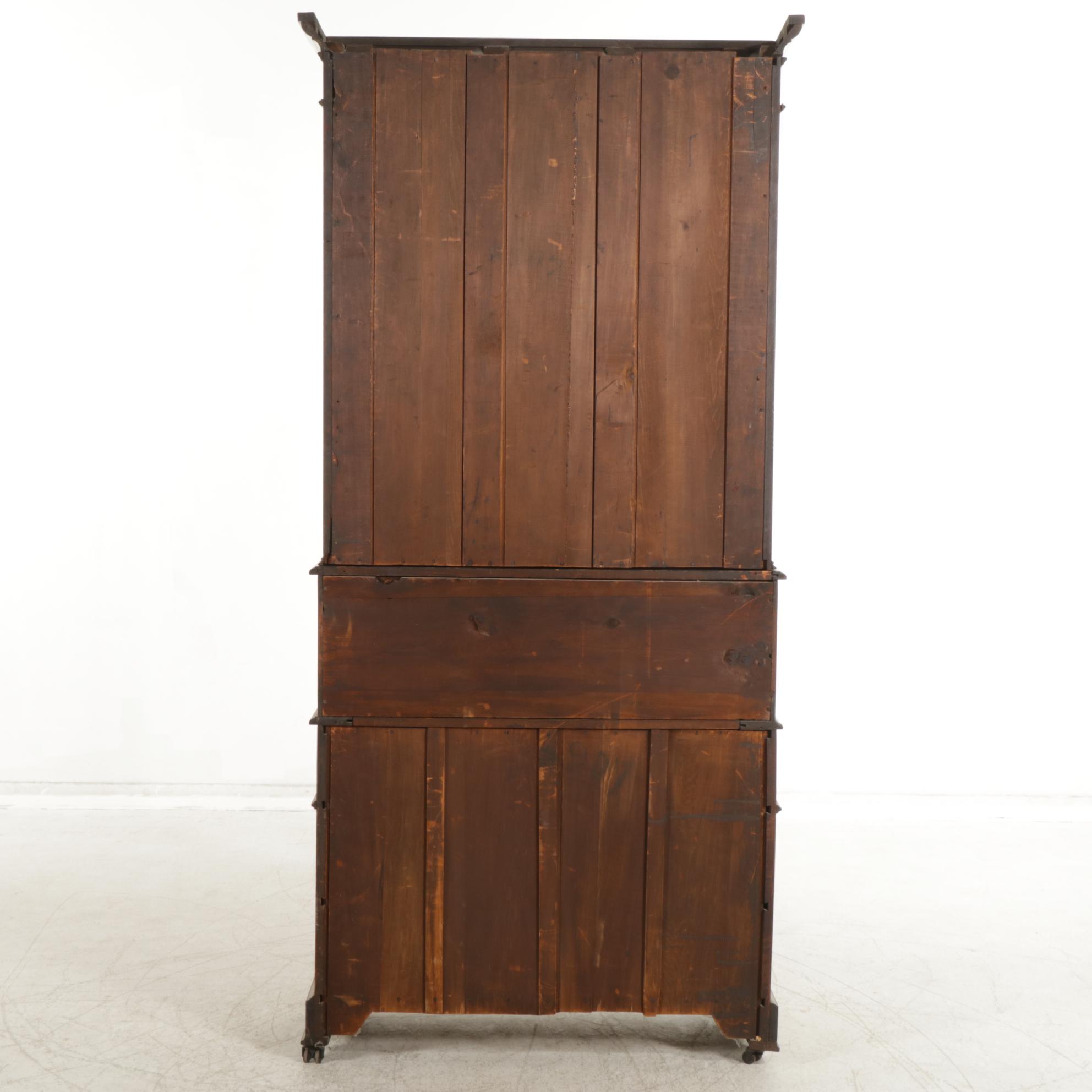 Walnut and Burl Wood Roll Top Secretary Desk and Bookcase, Early 20th Century