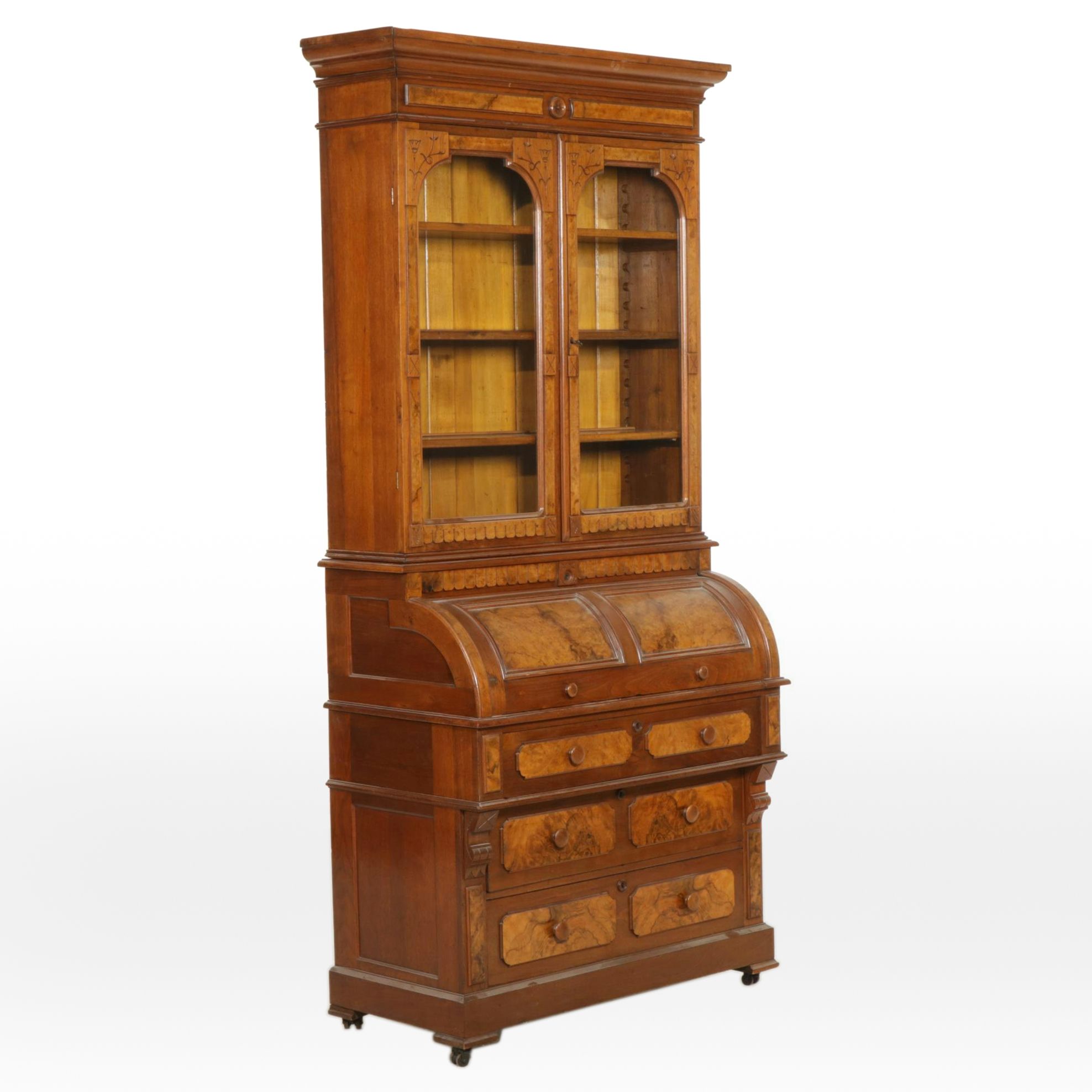Walnut and Burl Wood Roll Top Secretary Desk and Bookcase, Early 20th Century