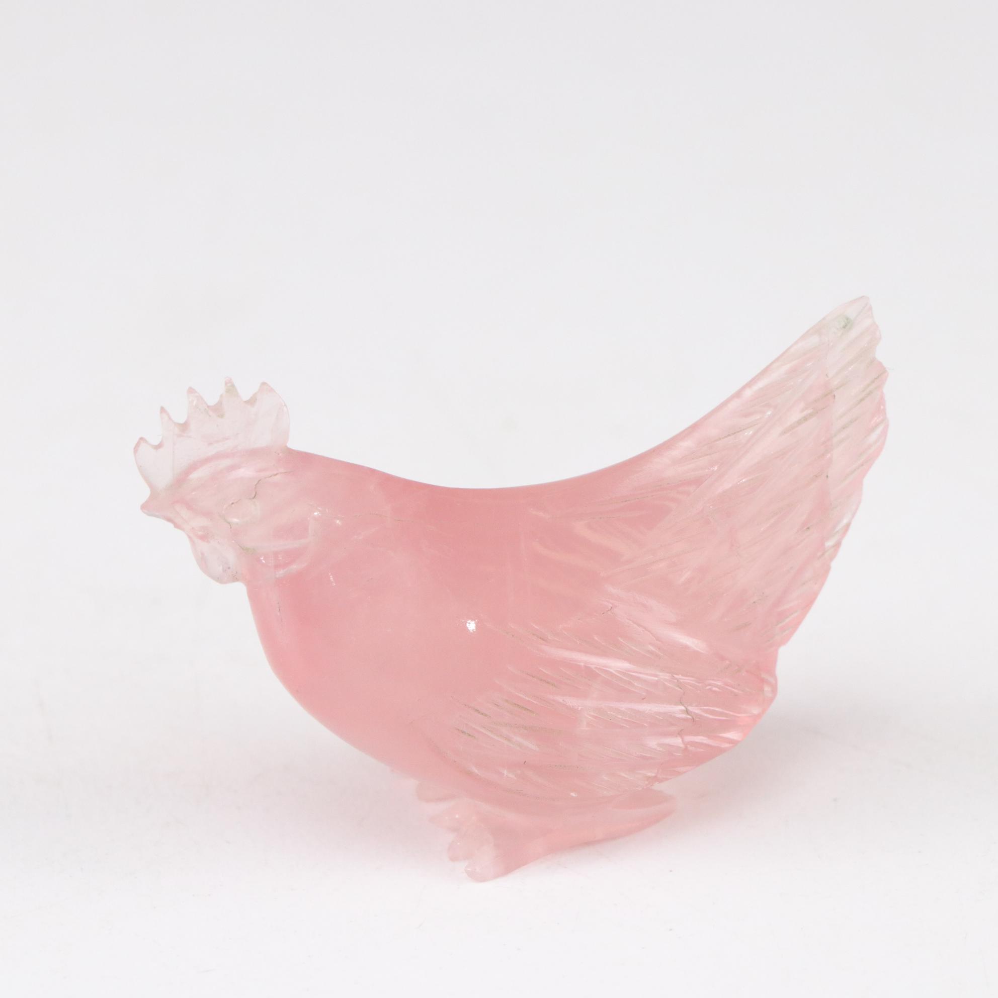 Hand-Carved Rose Quartz Chicken & Rooster Figures