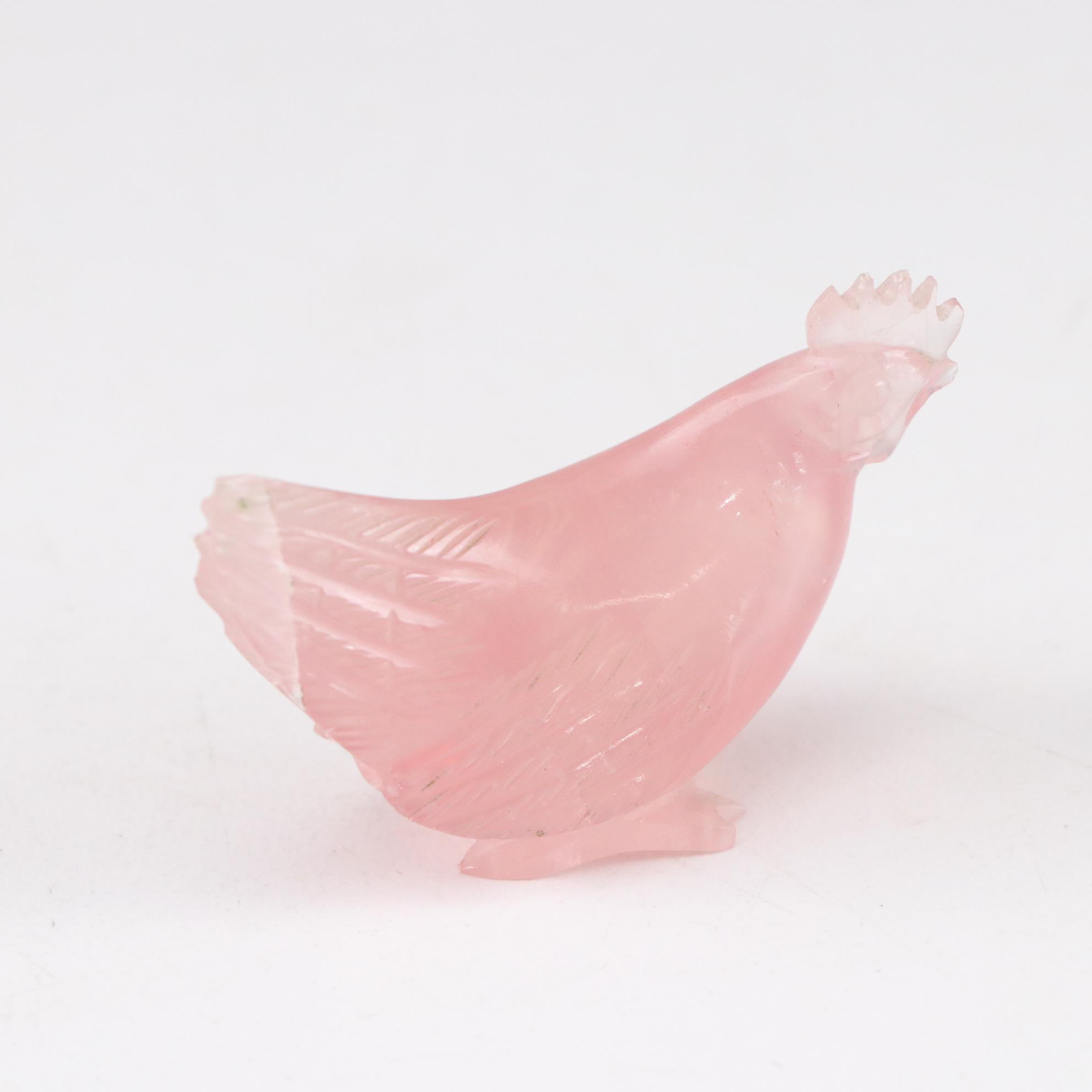 Hand-Carved Rose Quartz Chicken & Rooster Figures