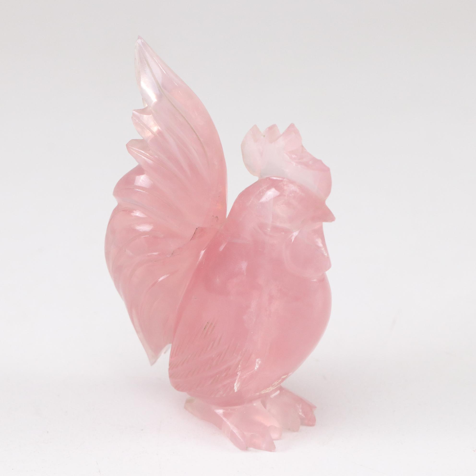 Hand-Carved Rose Quartz Chicken & Rooster Figures