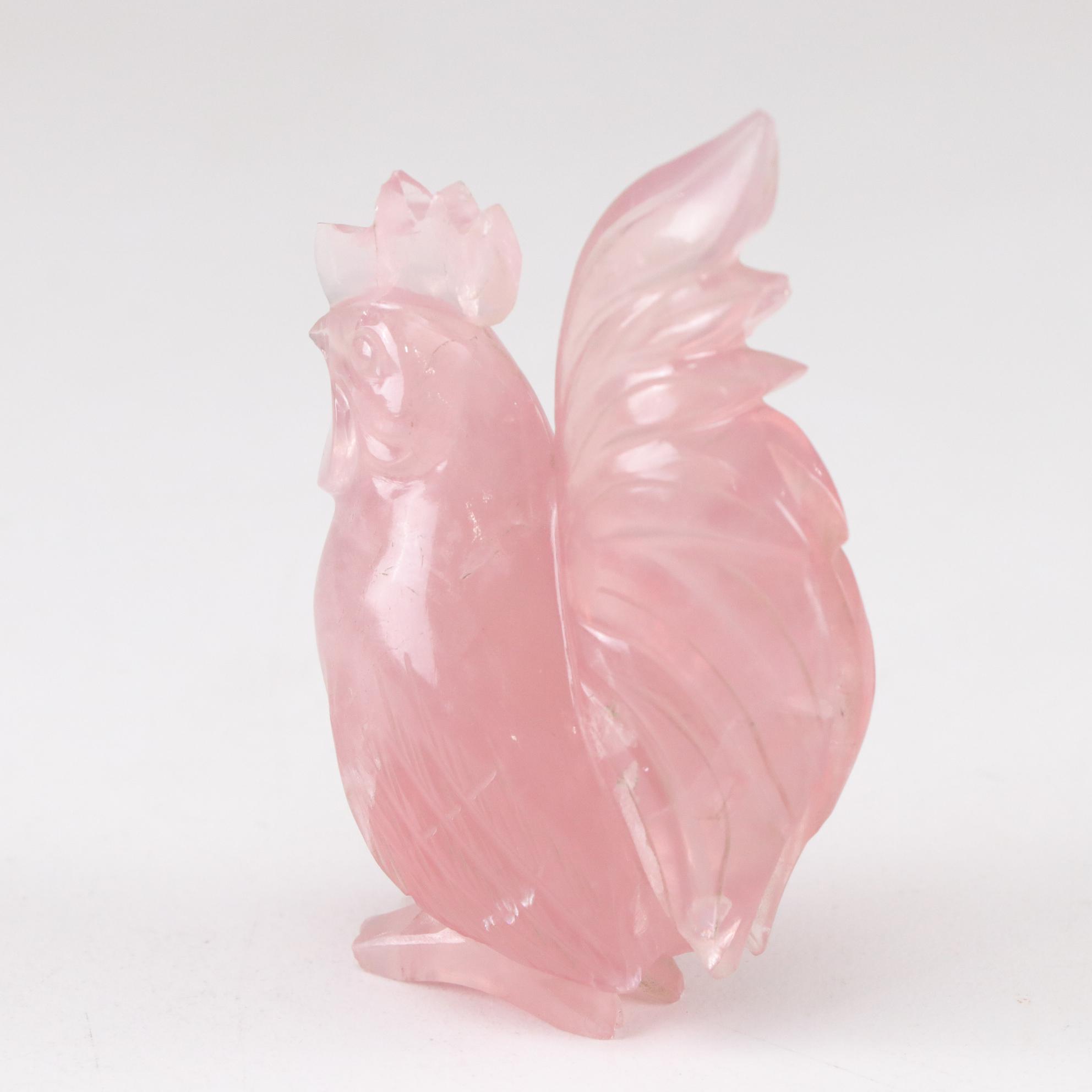 Hand-Carved Rose Quartz Chicken & Rooster Figures