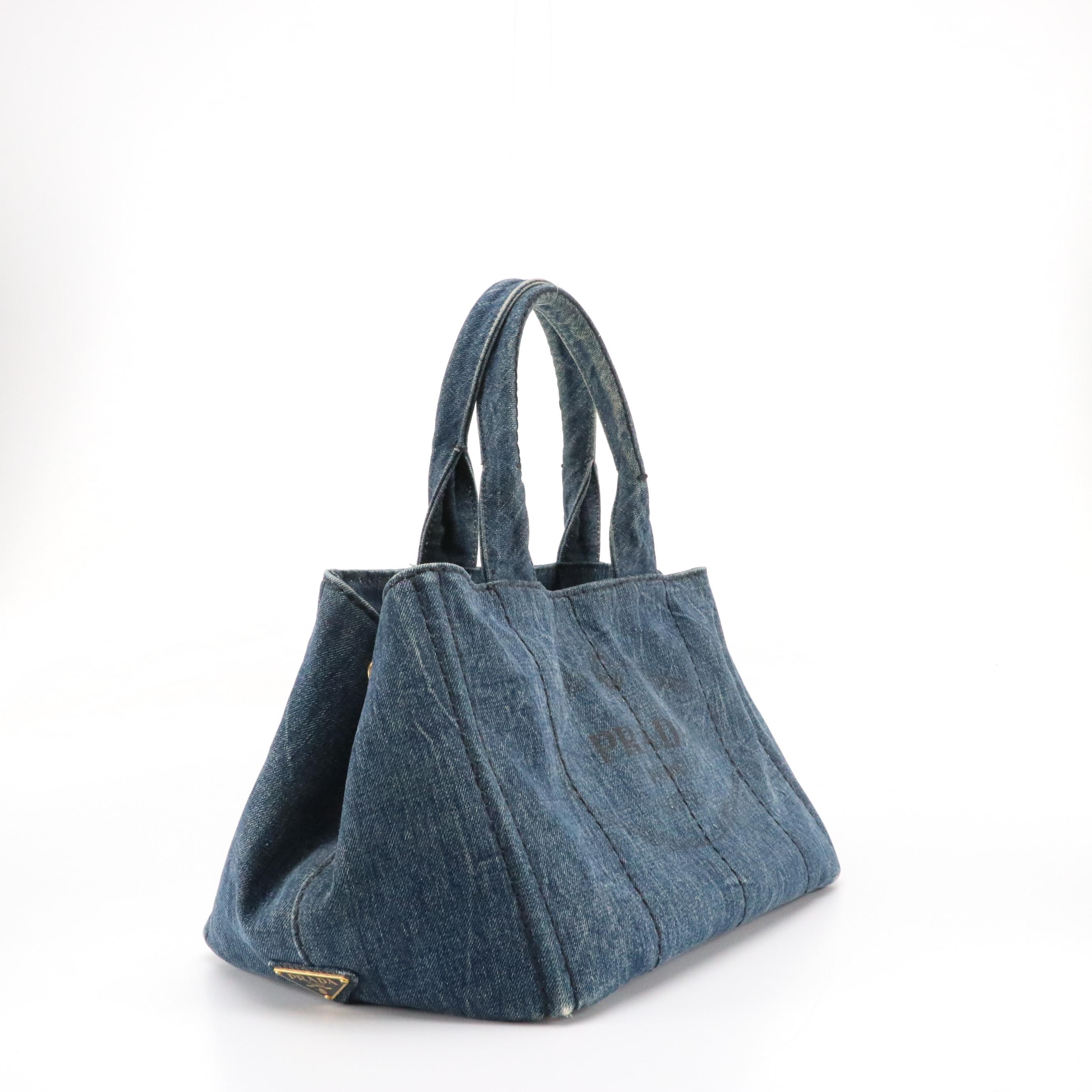 Prada Large Canapa Logo Tote in Blue Denim