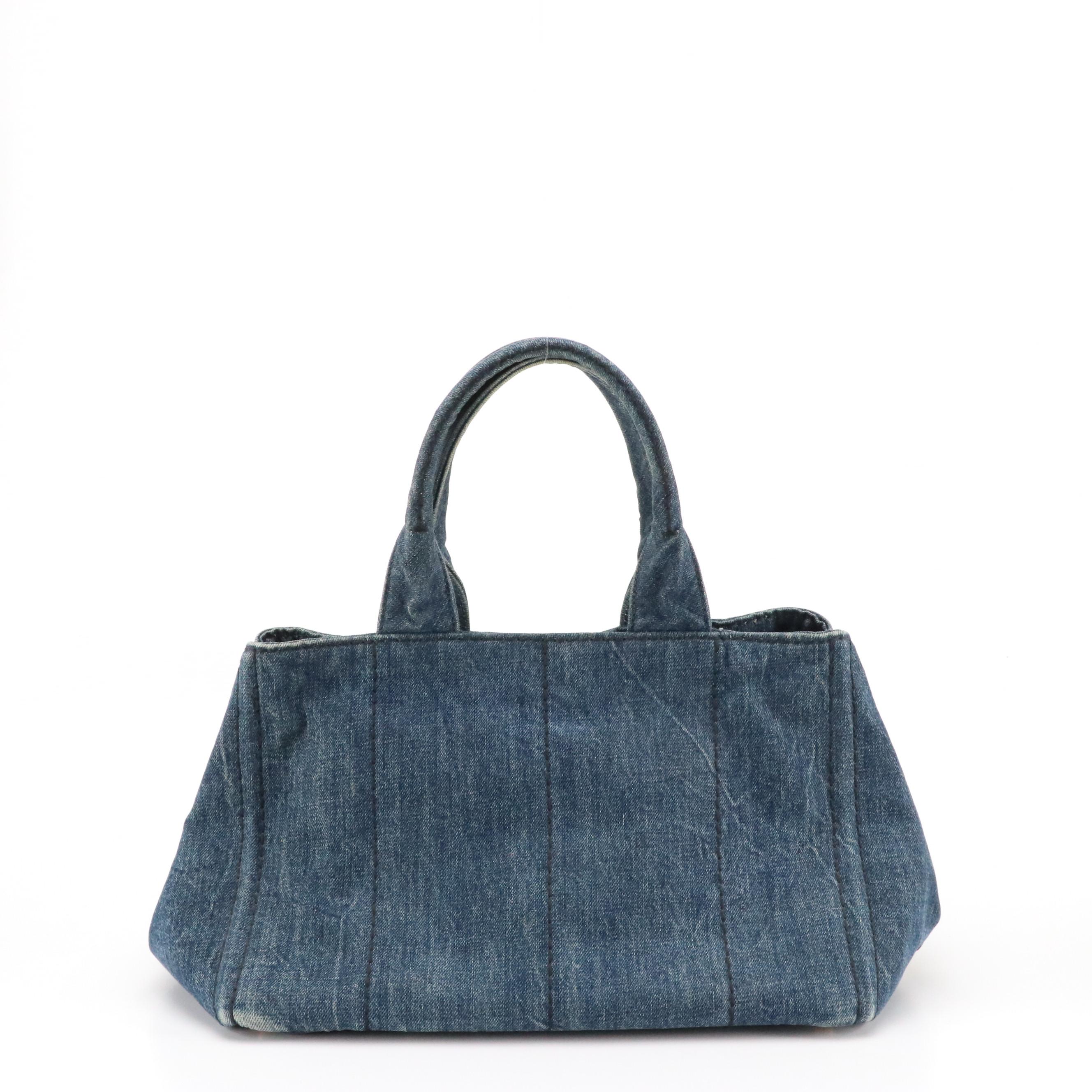 Prada Large Canapa Logo Tote in Blue Denim