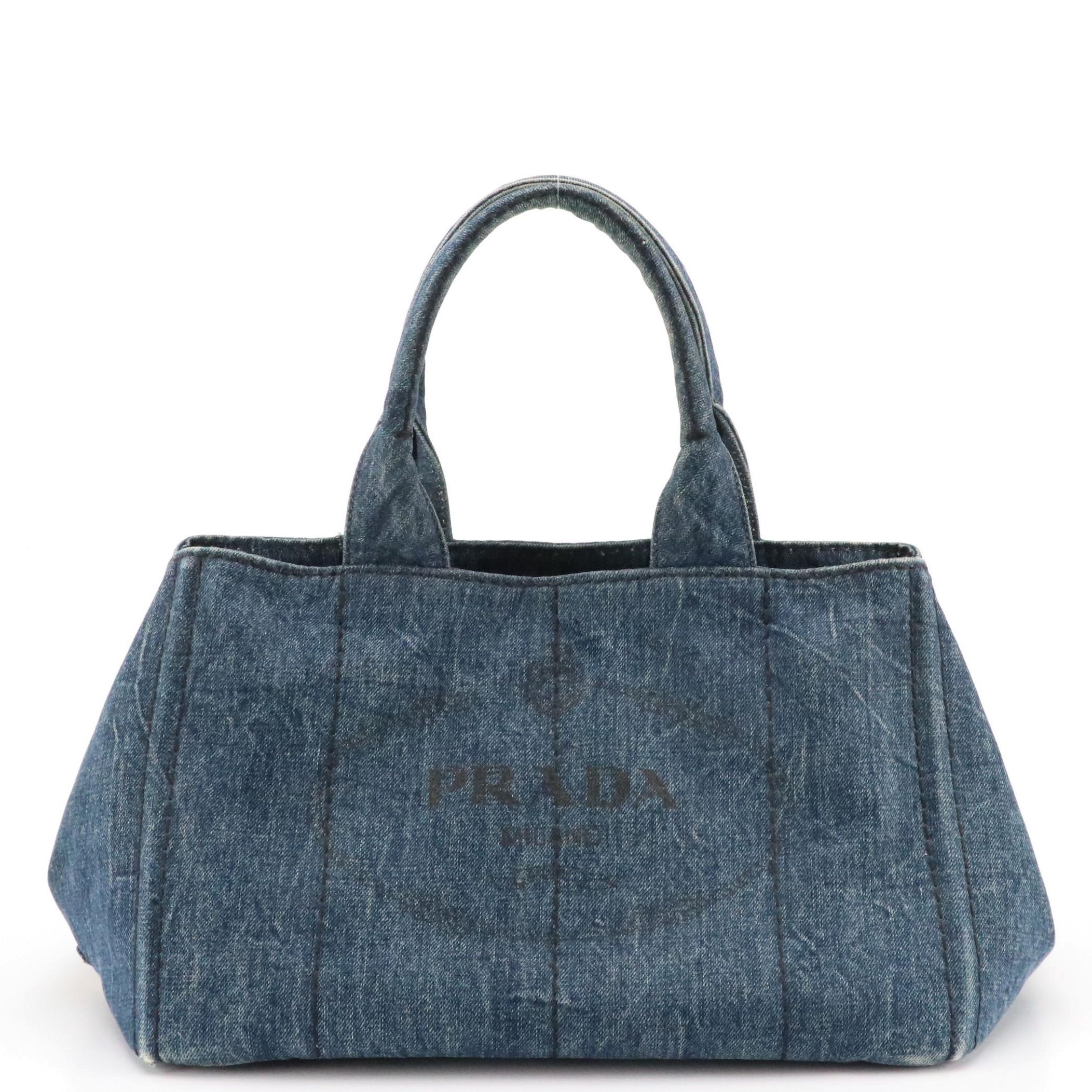 Prada Large Canapa Logo Tote in Blue Denim