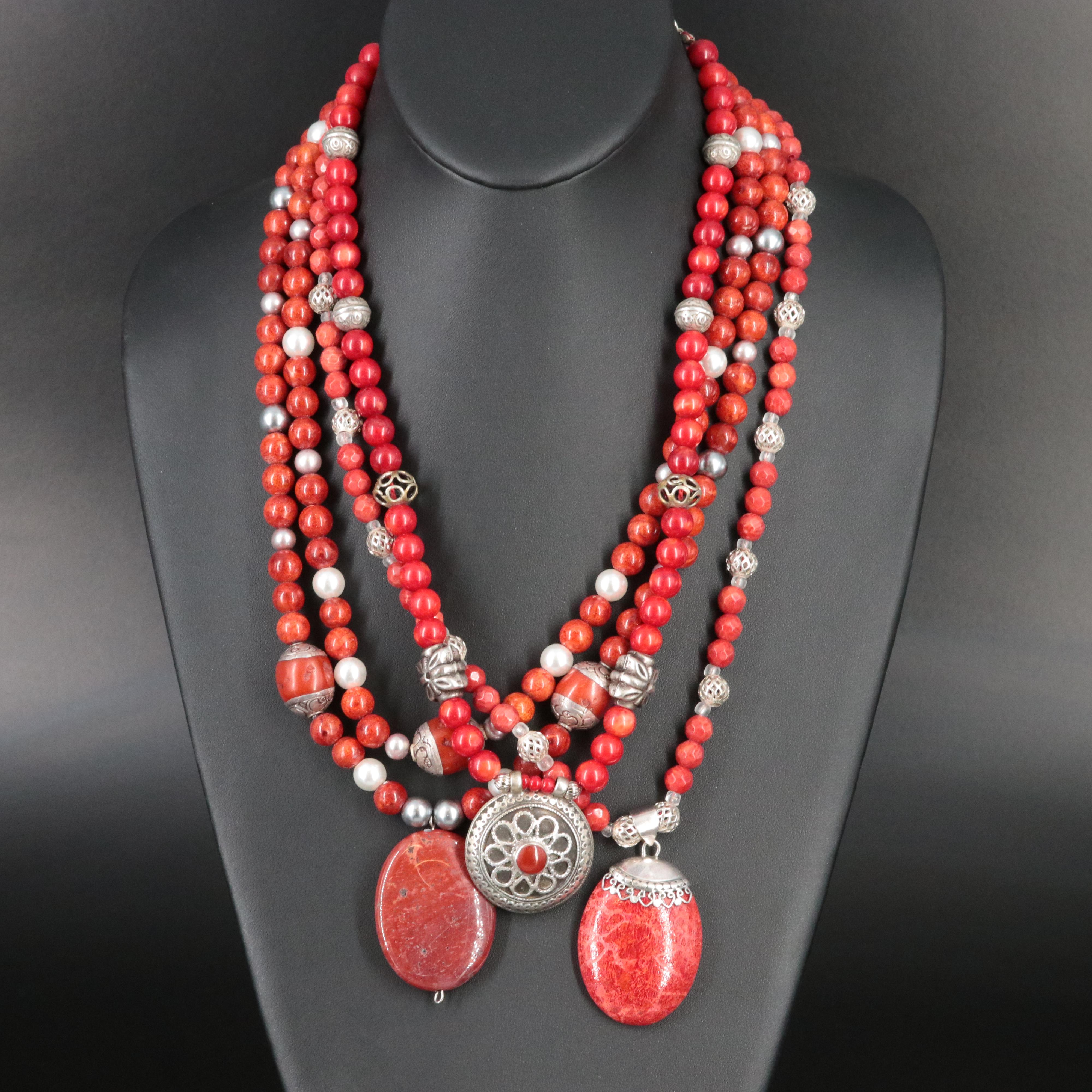 Coral, Pearl and Jasper Beaded Pendant Necklaces Featuring Sterling