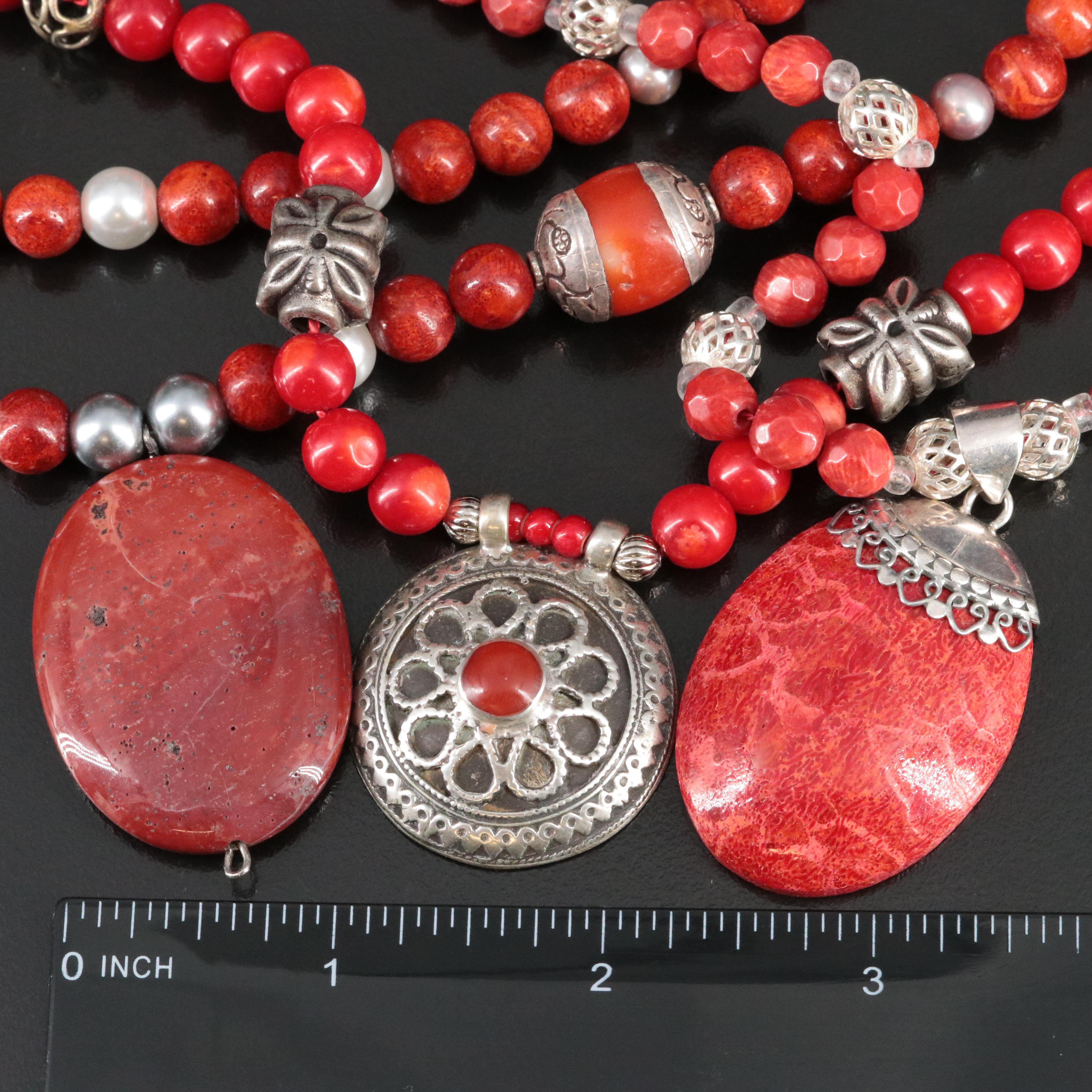 Coral, Pearl and Jasper Beaded Pendant Necklaces Featuring Sterling