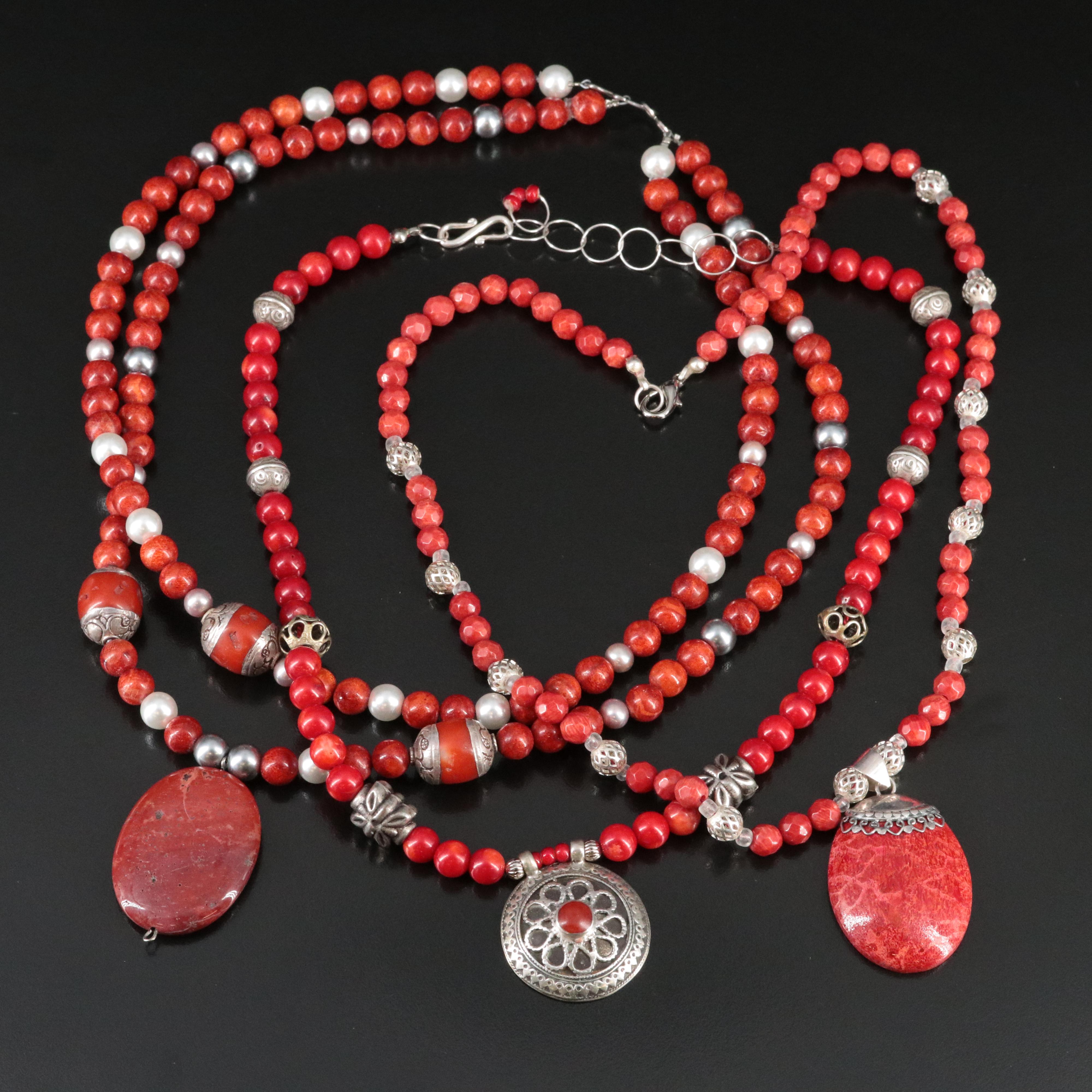 Coral, Pearl and Jasper Beaded Pendant Necklaces Featuring Sterling