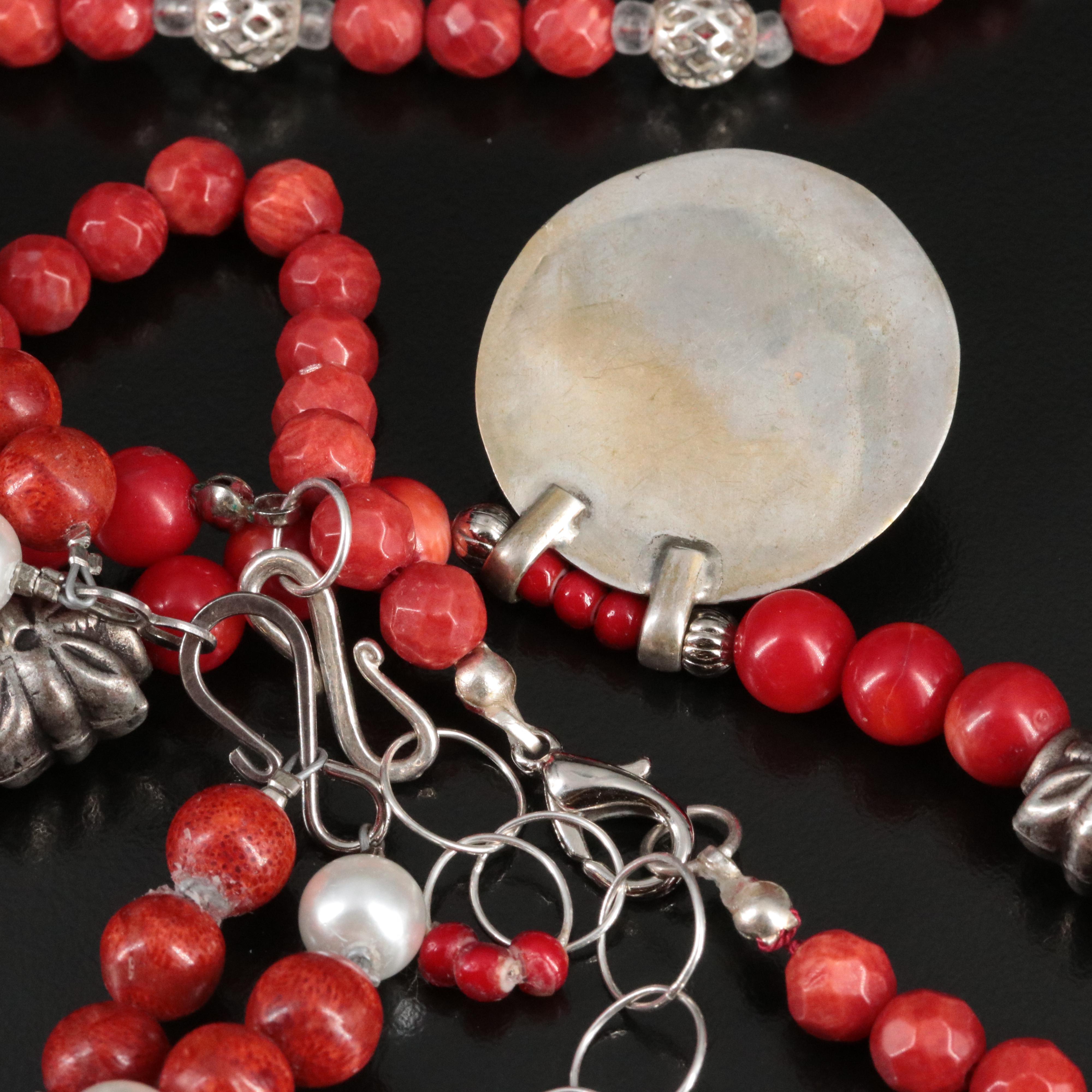 Coral, Pearl and Jasper Beaded Pendant Necklaces Featuring Sterling