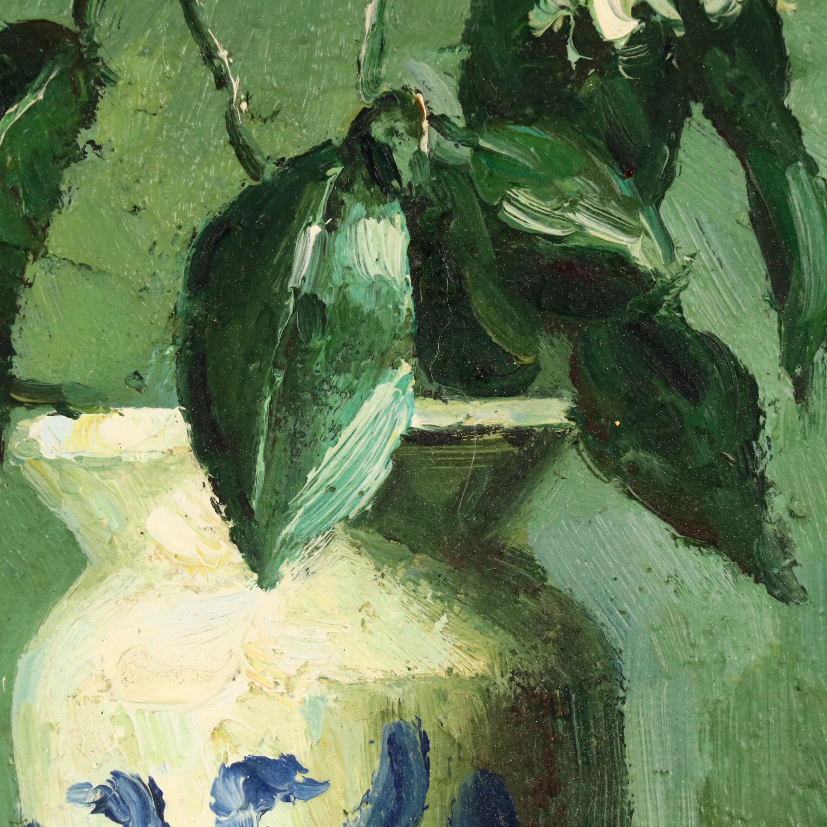 Still Life Oil Painting with White Flowers and Double-Headed Eagle Vase