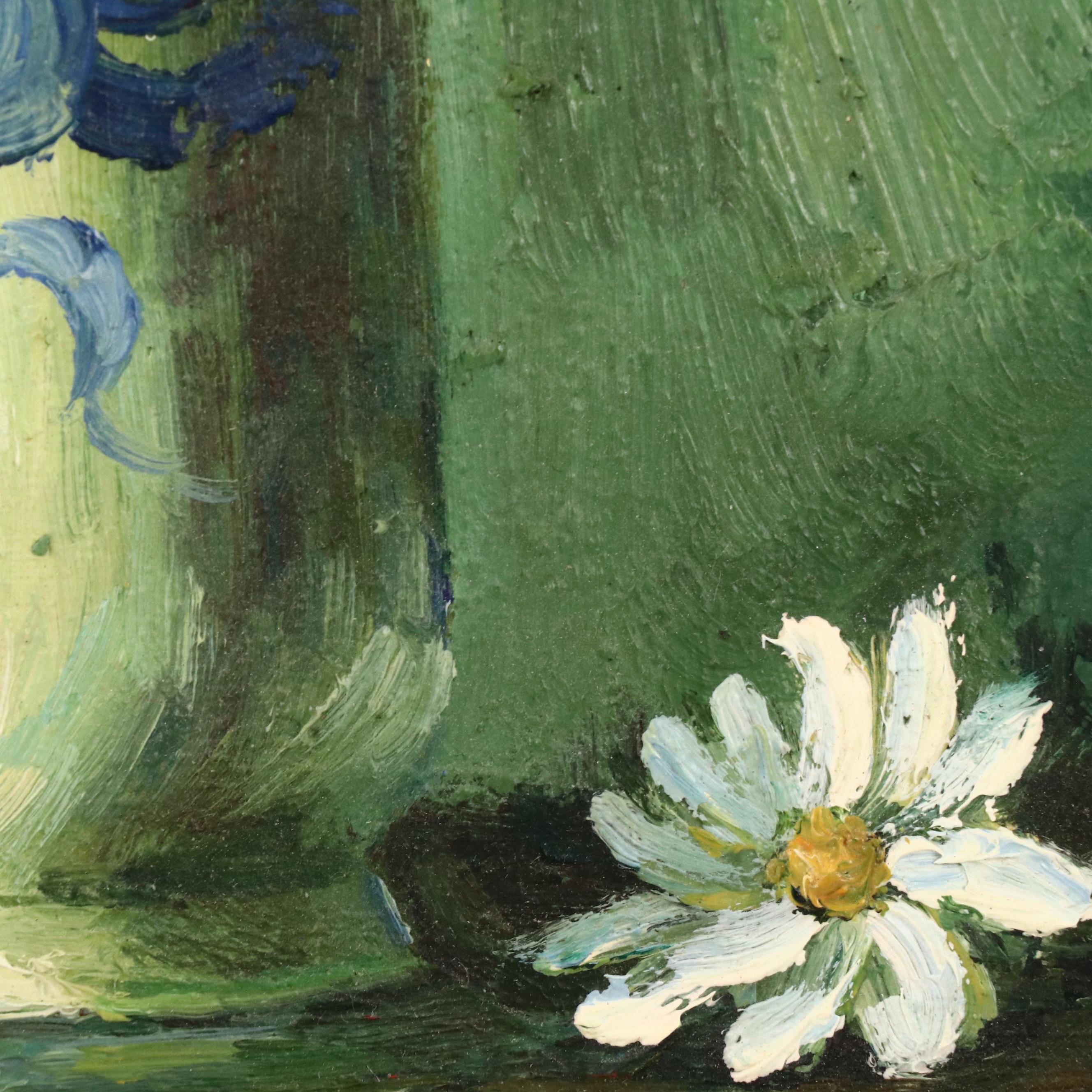 Still Life Oil Painting with White Flowers and Double-Headed Eagle Vase