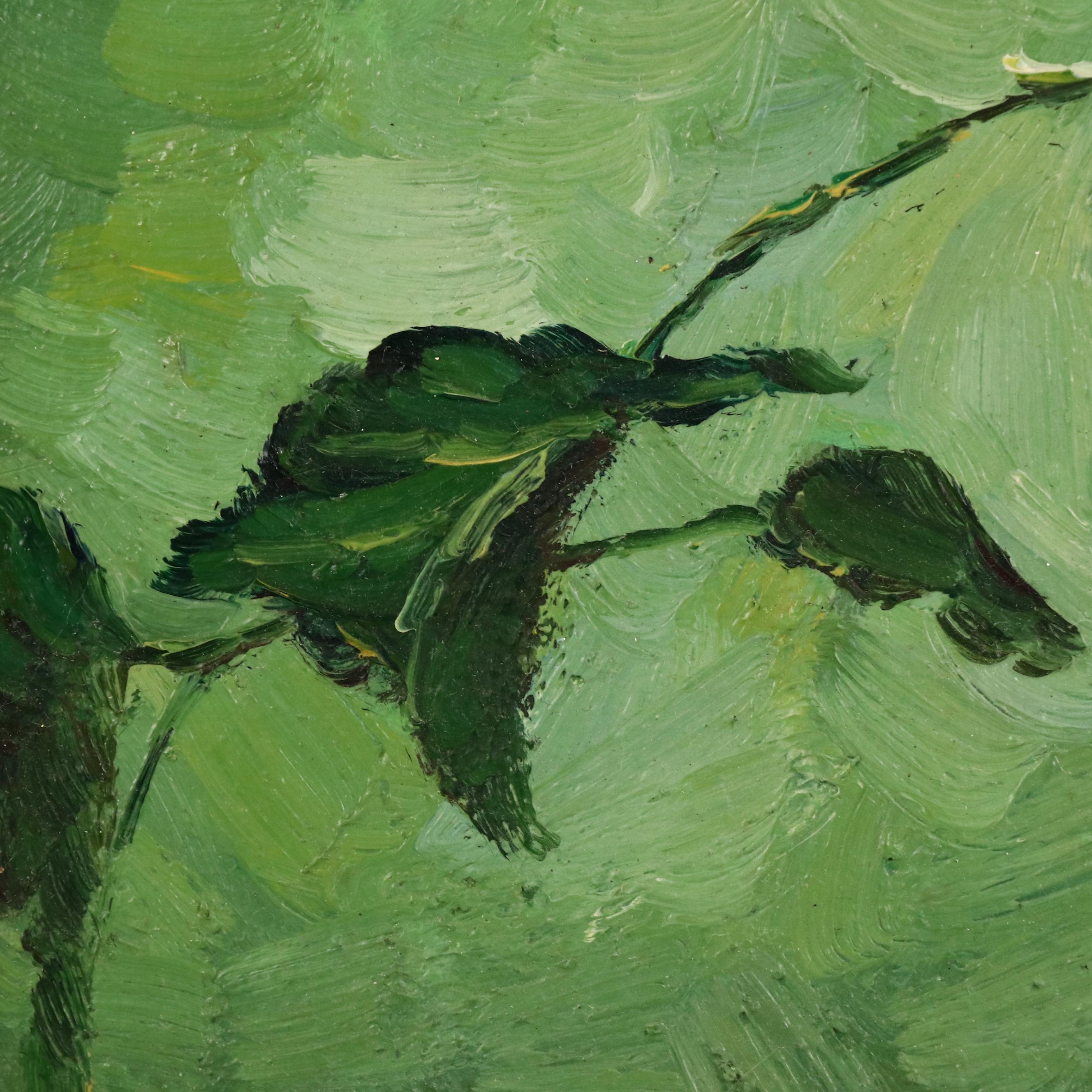 Still Life Oil Painting with White Flowers and Double-Headed Eagle Vase