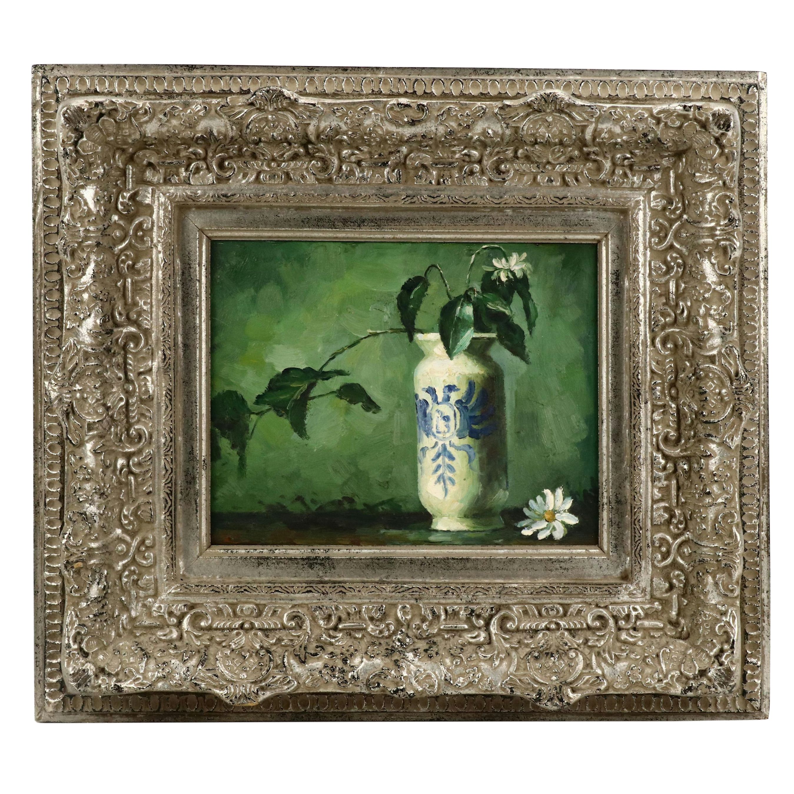 Still Life Oil Painting with White Flowers and Double-Headed Eagle Vase