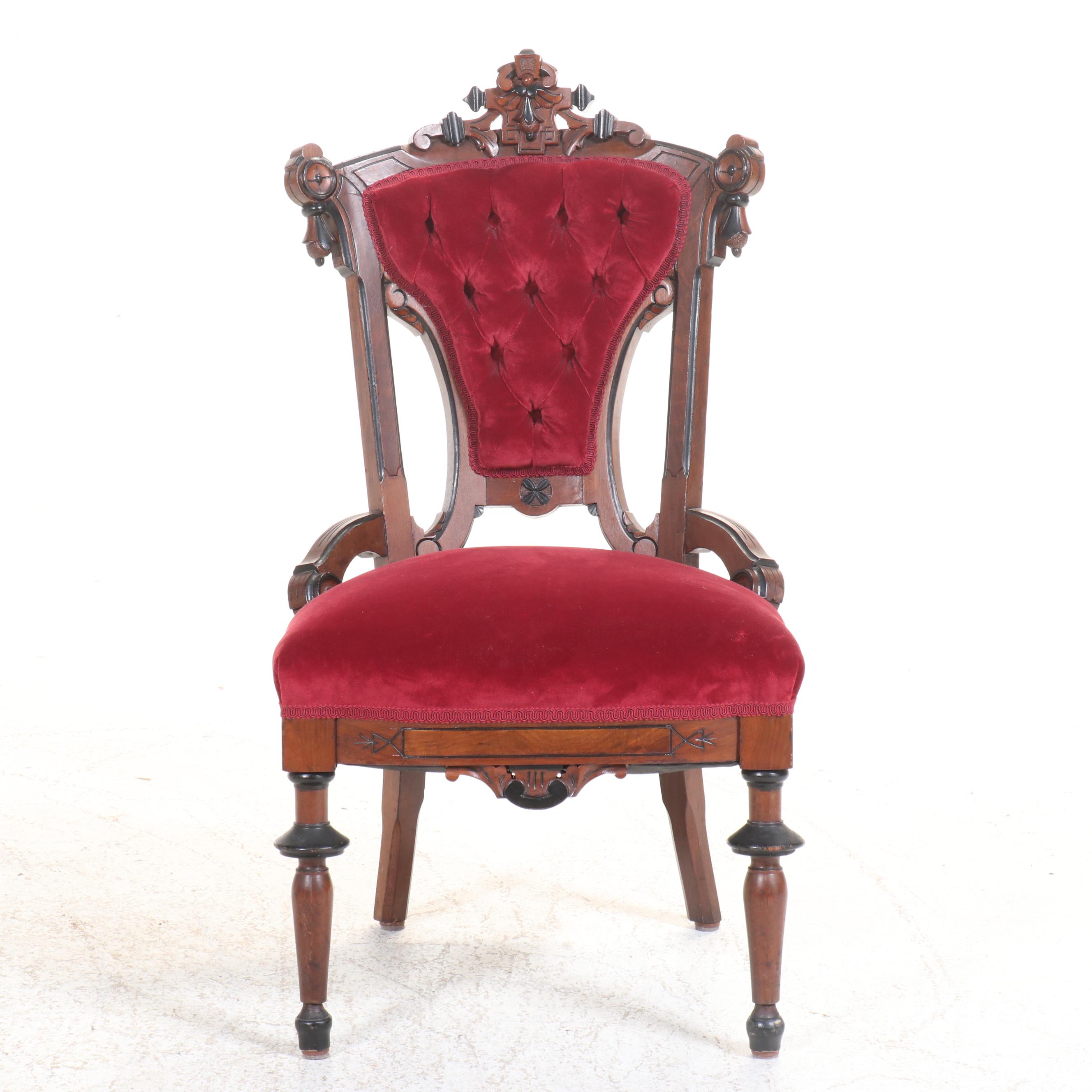 Victorian Renaissance Revival Carved Walnut and Velvet Upholstered Side Chair