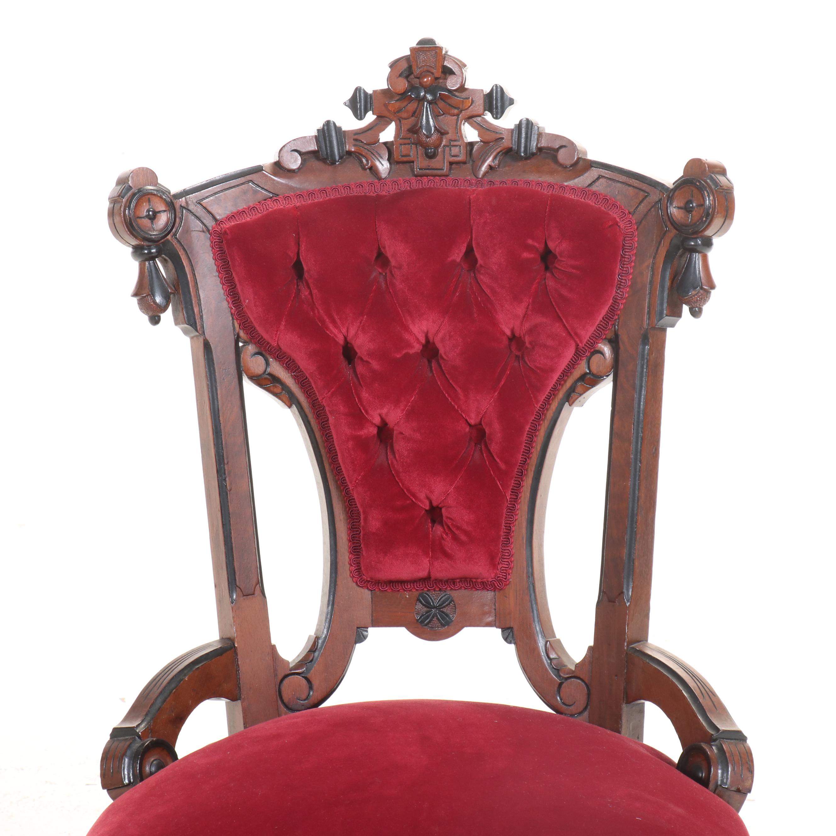 Victorian Renaissance Revival Carved Walnut and Velvet Upholstered Side Chair
