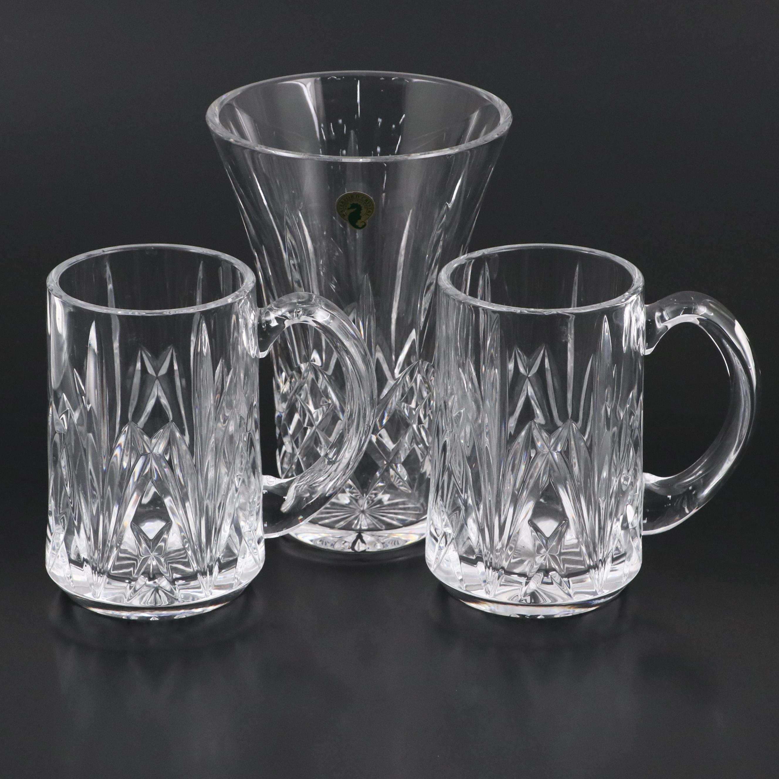 Waterford Crystal "Lismore" Vase with Marquis by Waterford "Brookside" Tankards