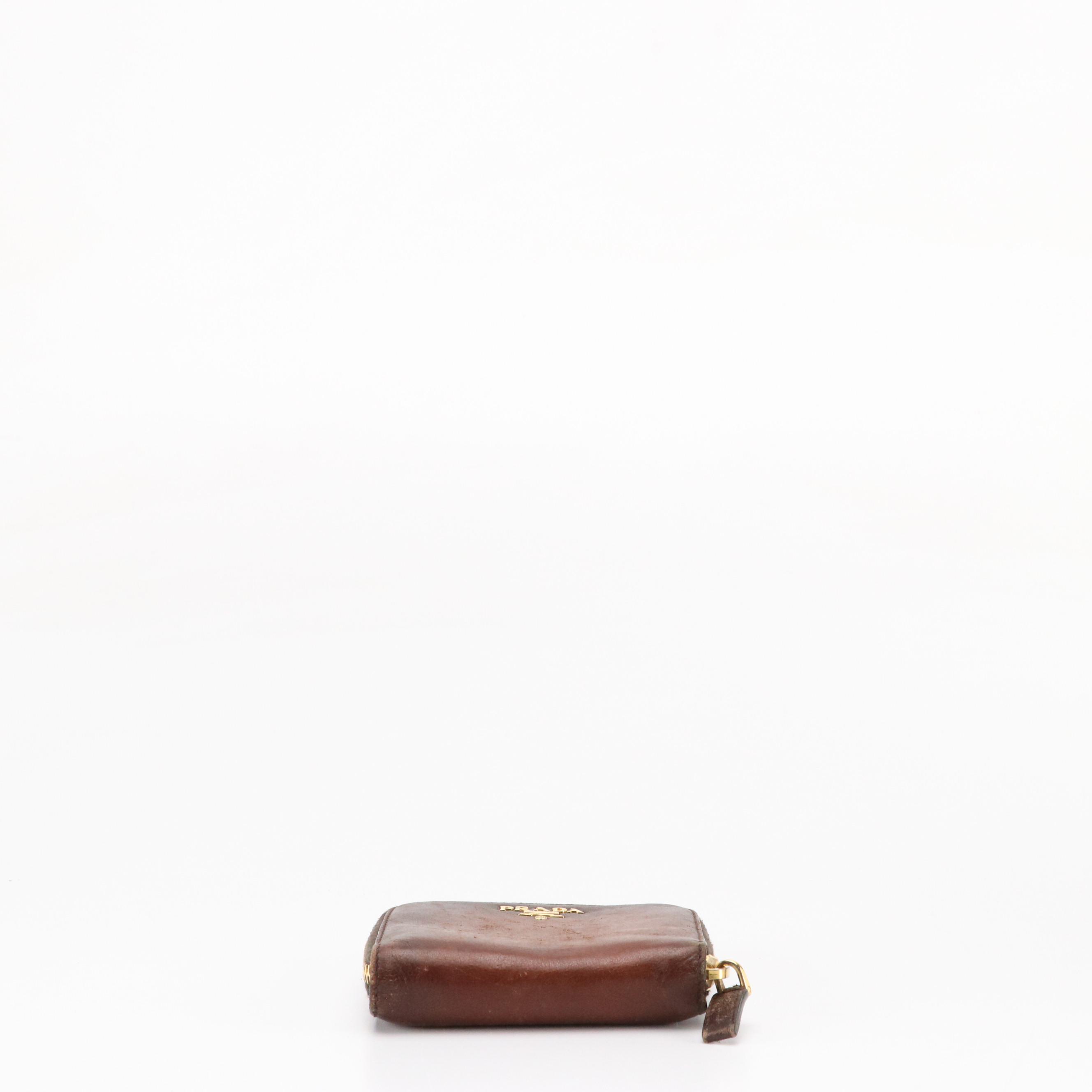 Prada Brown Leather Compact Zip-Around Wallet with Box