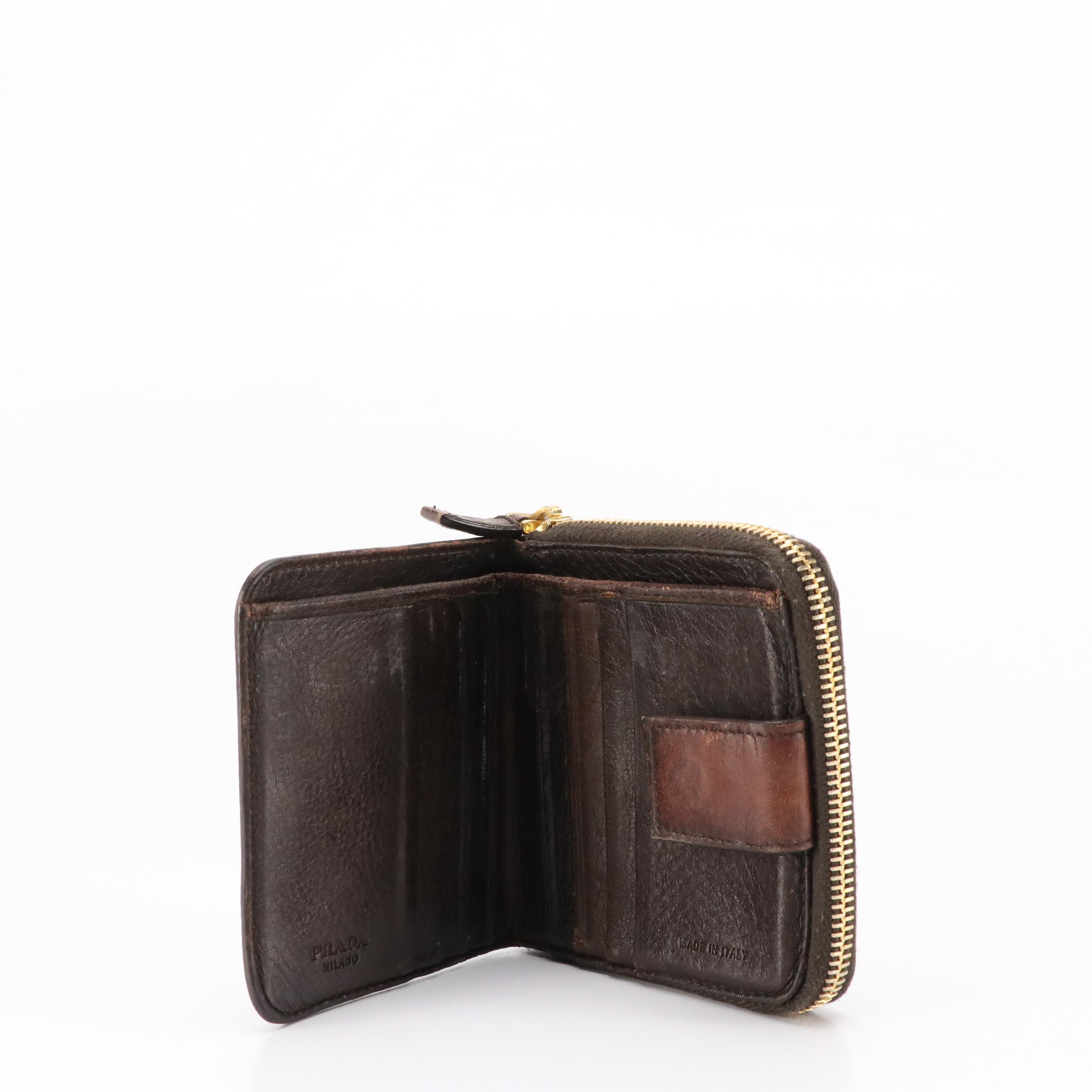 Prada Brown Leather Compact Zip-Around Wallet with Box