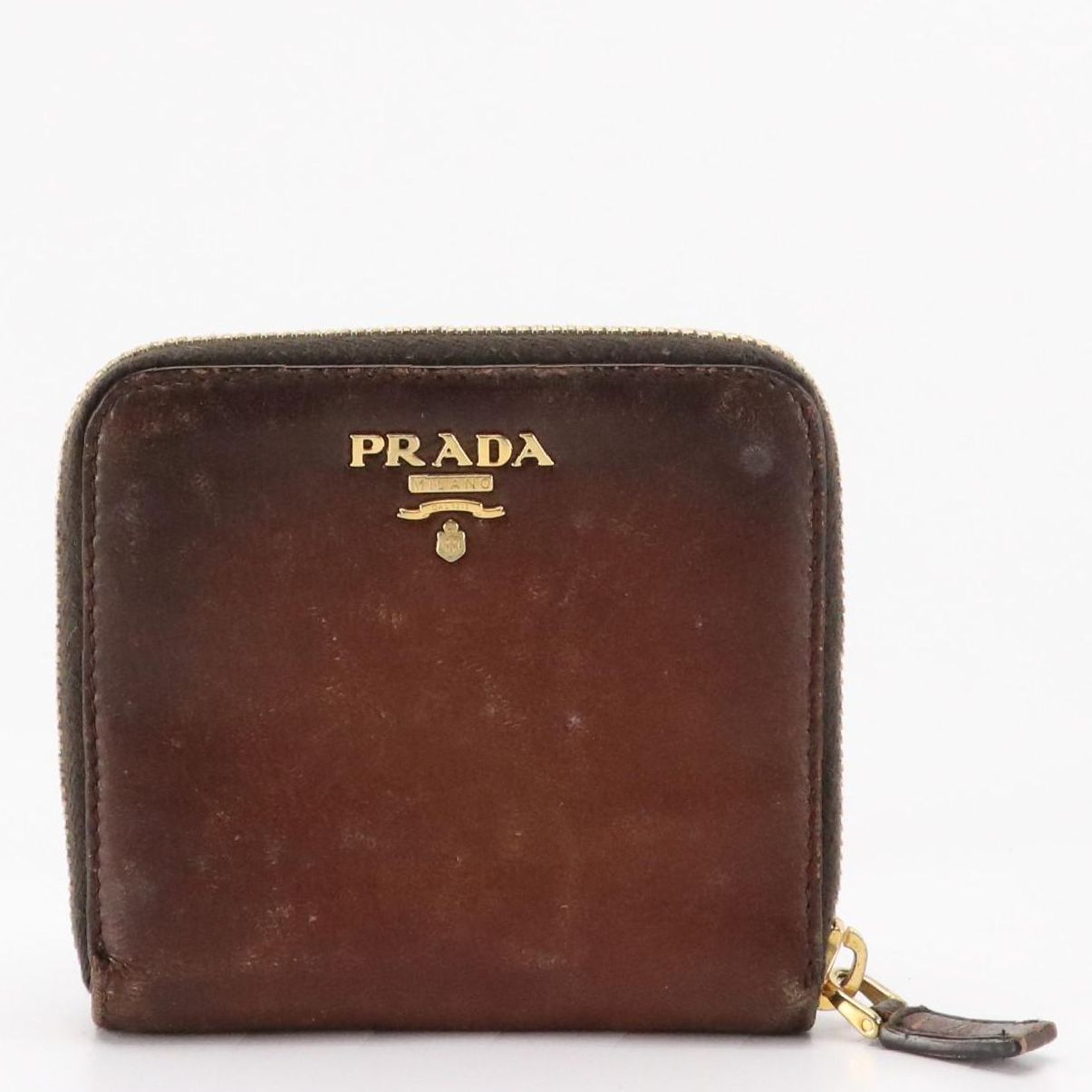 Prada Brown Leather Compact Zip-Around Wallet with Box