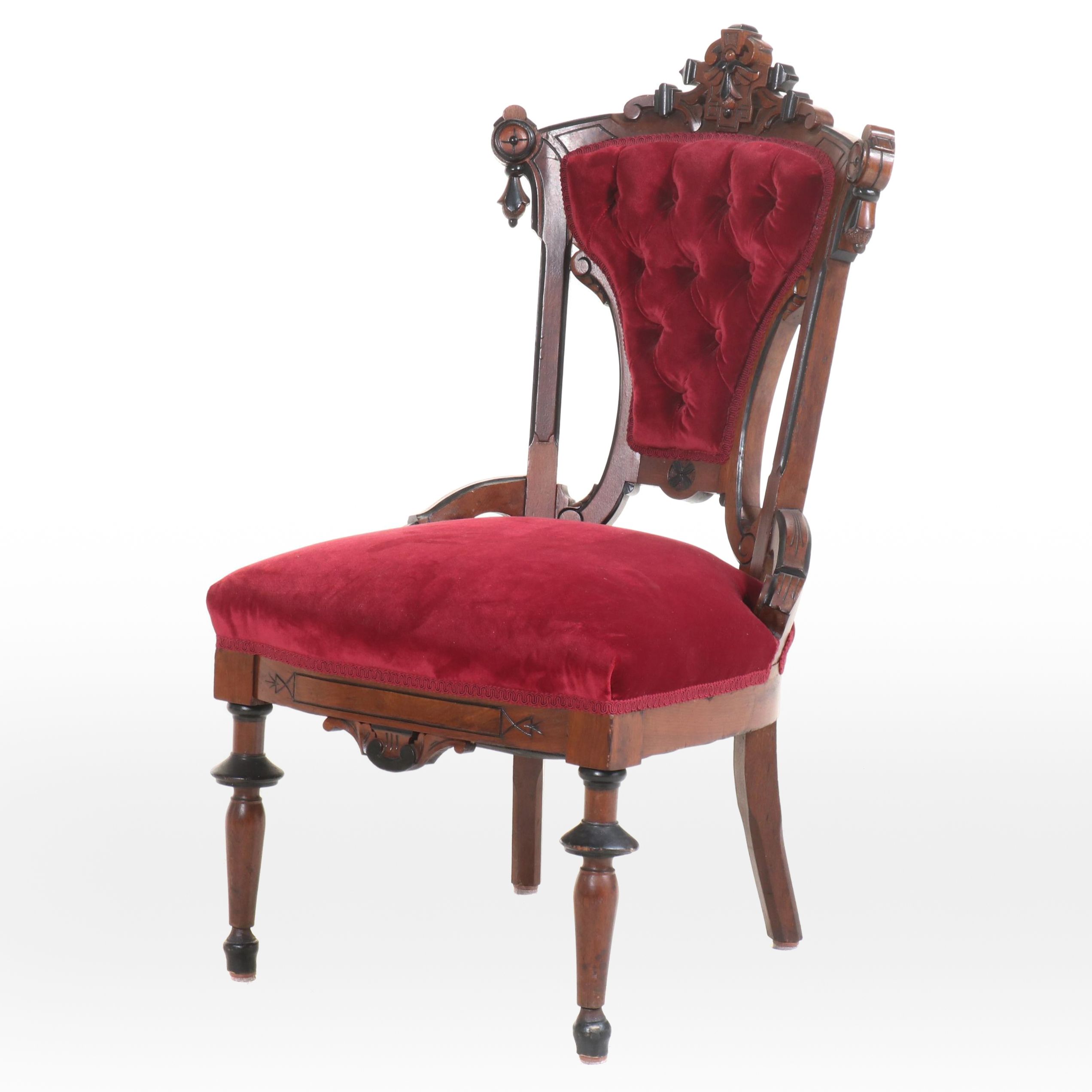 Victorian Renaissance Revival Carved Walnut and Velvet Upholstered Side Chair