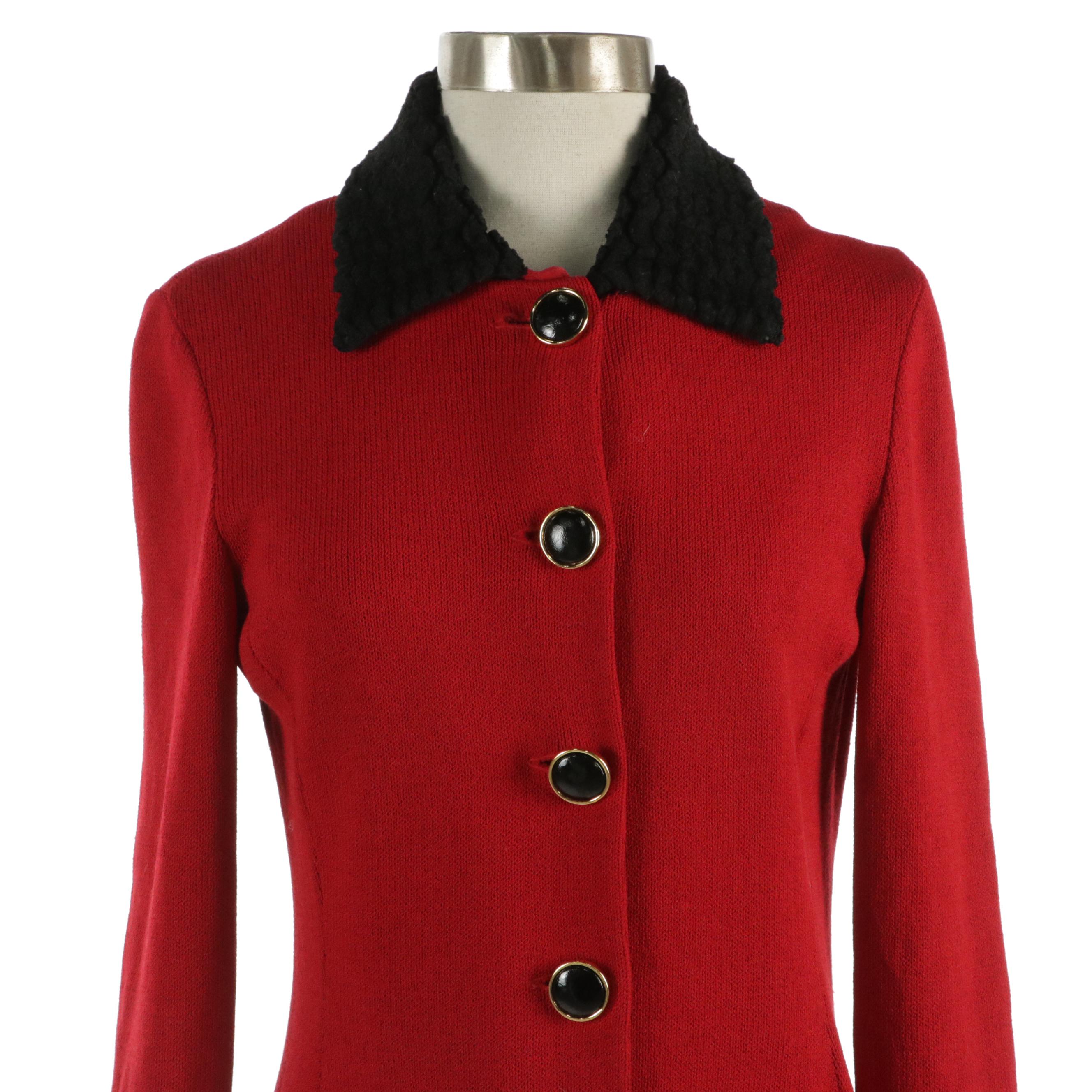St. John Collection Knit Red Wool Blend Cardigan Jacket with Detachable Collar