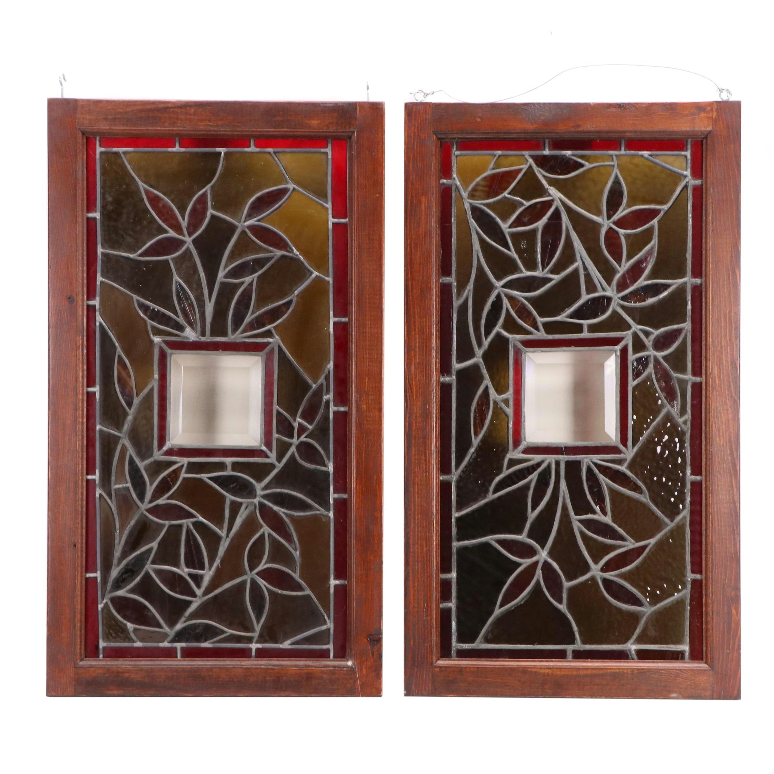 Arts & Crafts Leaded Stained Glass Window Panes with Beveled Glass Panels