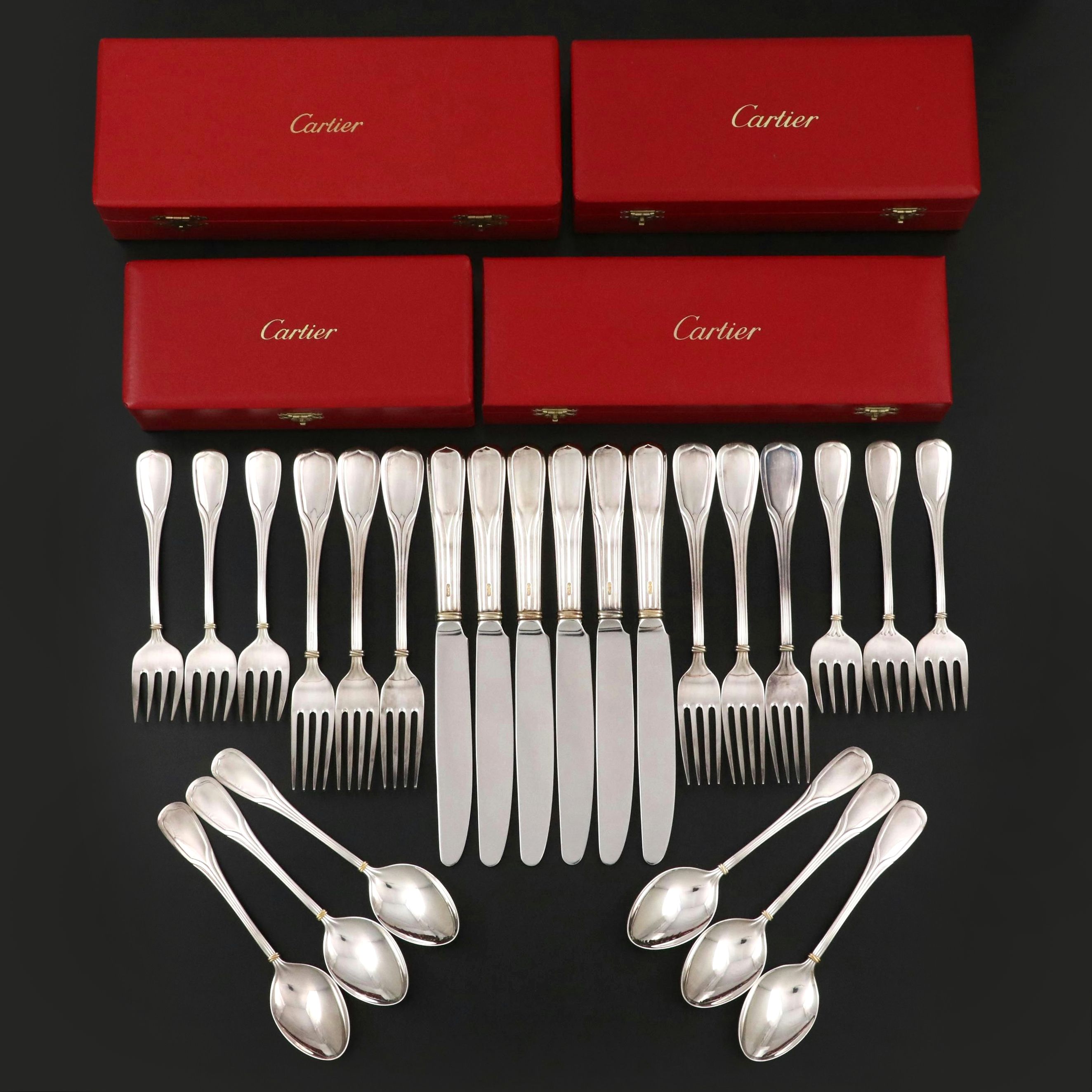 Cartier "Du Prince" Gilt Silver Plate Flatware with Presentation Boxes