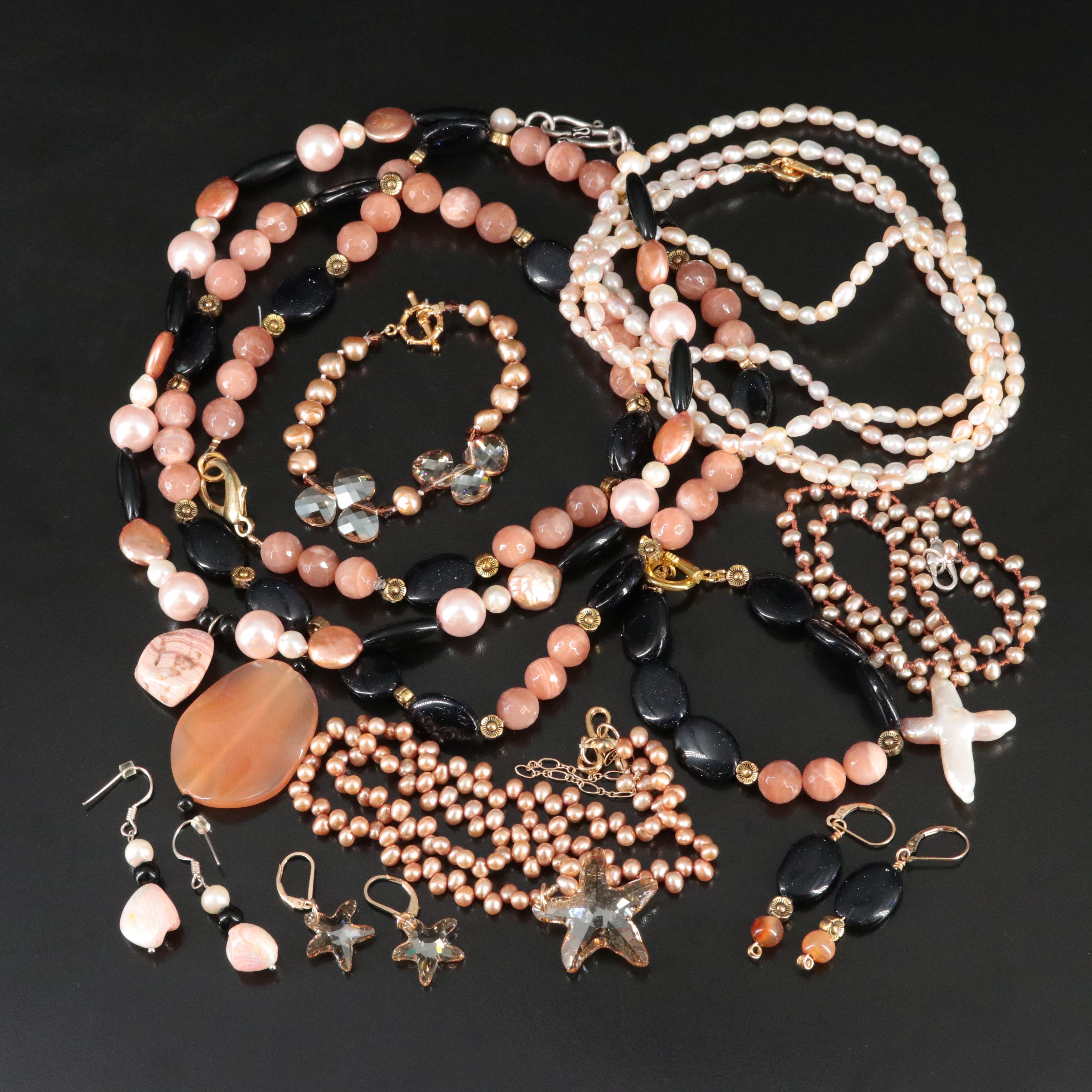 Rhodochrosite, Pearl and Sunstone Necklace, Bracelet and Earring Sets