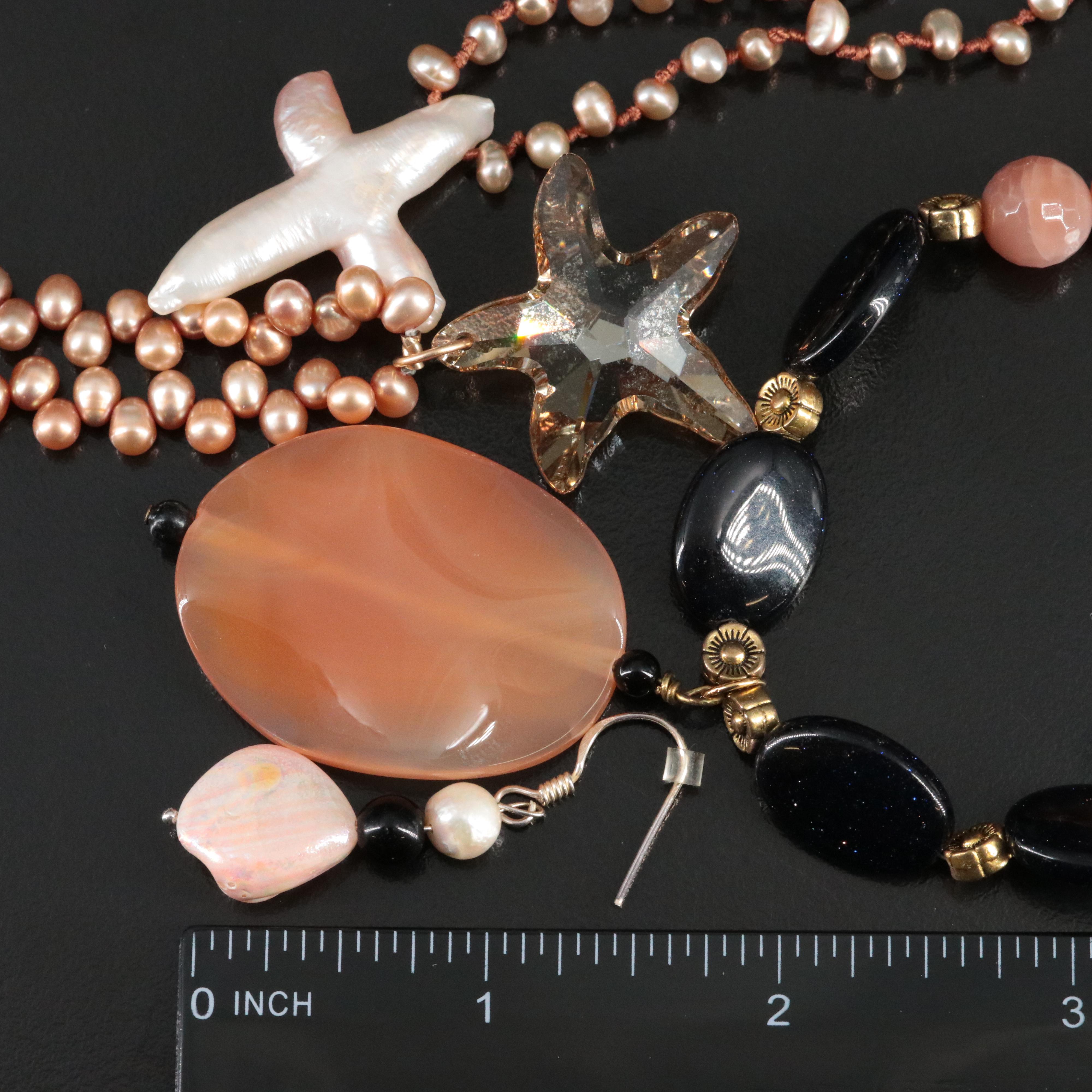 Rhodochrosite, Pearl and Sunstone Necklace, Bracelet and Earring Sets
