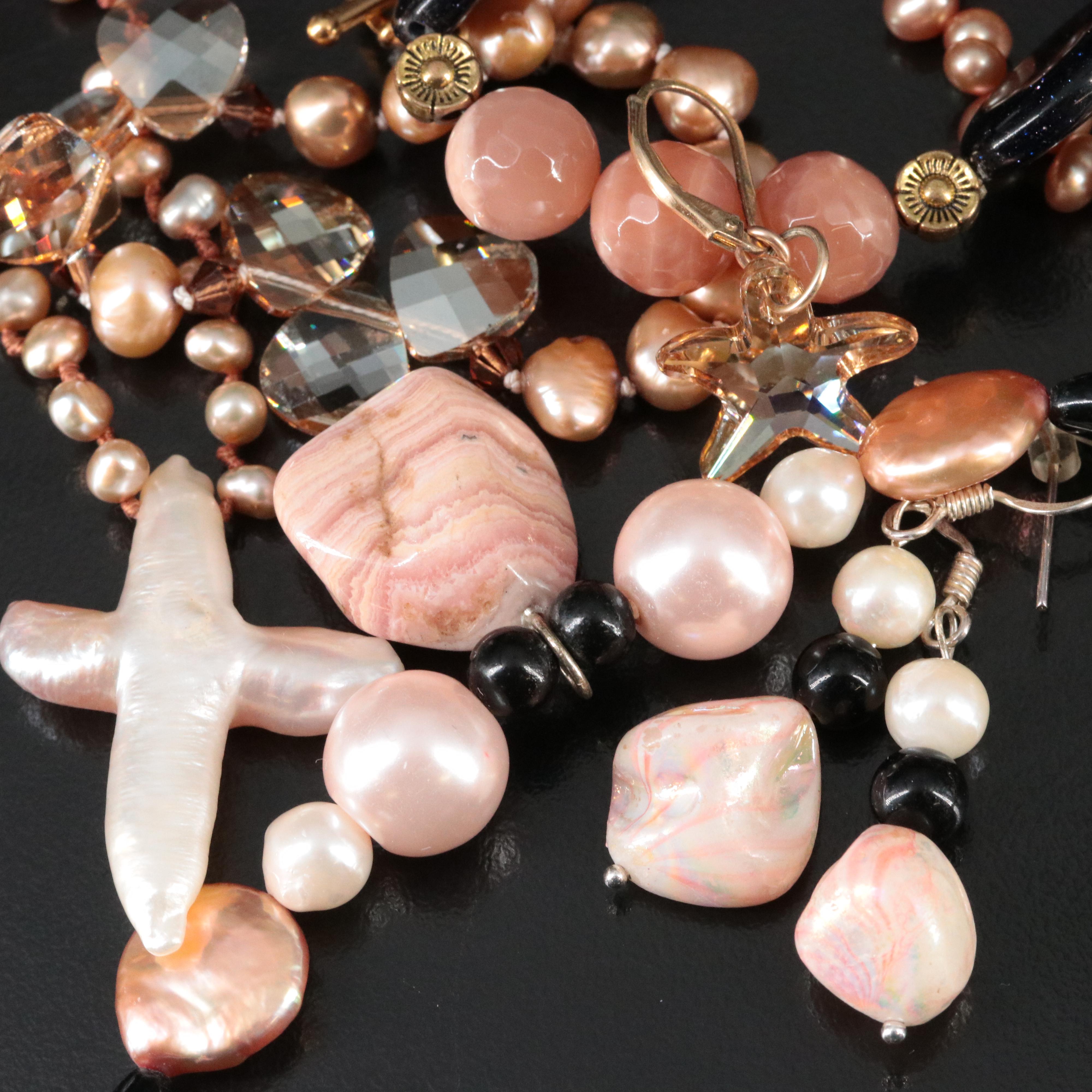 Rhodochrosite, Pearl and Sunstone Necklace, Bracelet and Earring Sets