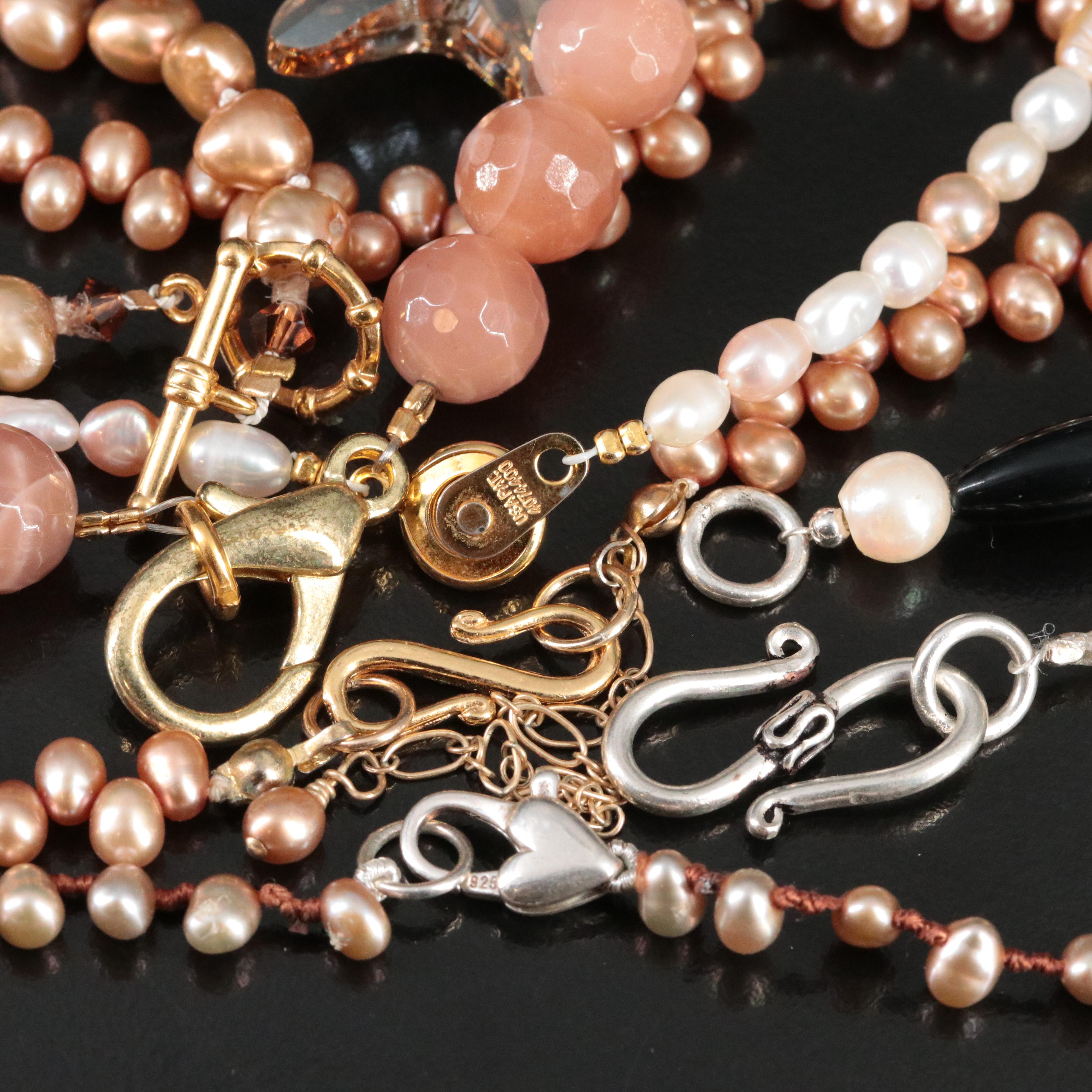 Rhodochrosite, Pearl and Sunstone Necklace, Bracelet and Earring Sets