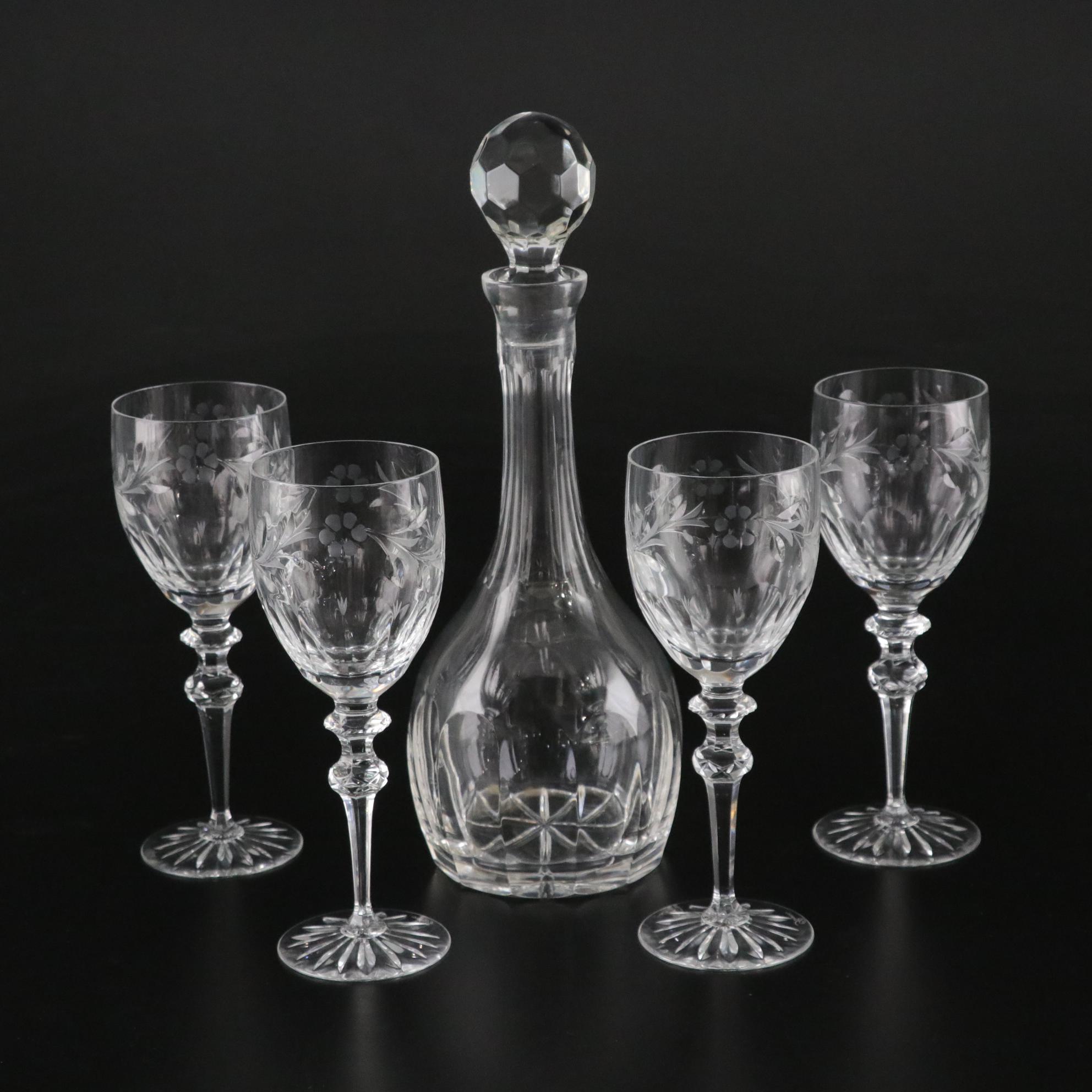 Rogaška "Country Garden" Crystal Wine Glasses and Faceted Crystal Decanter