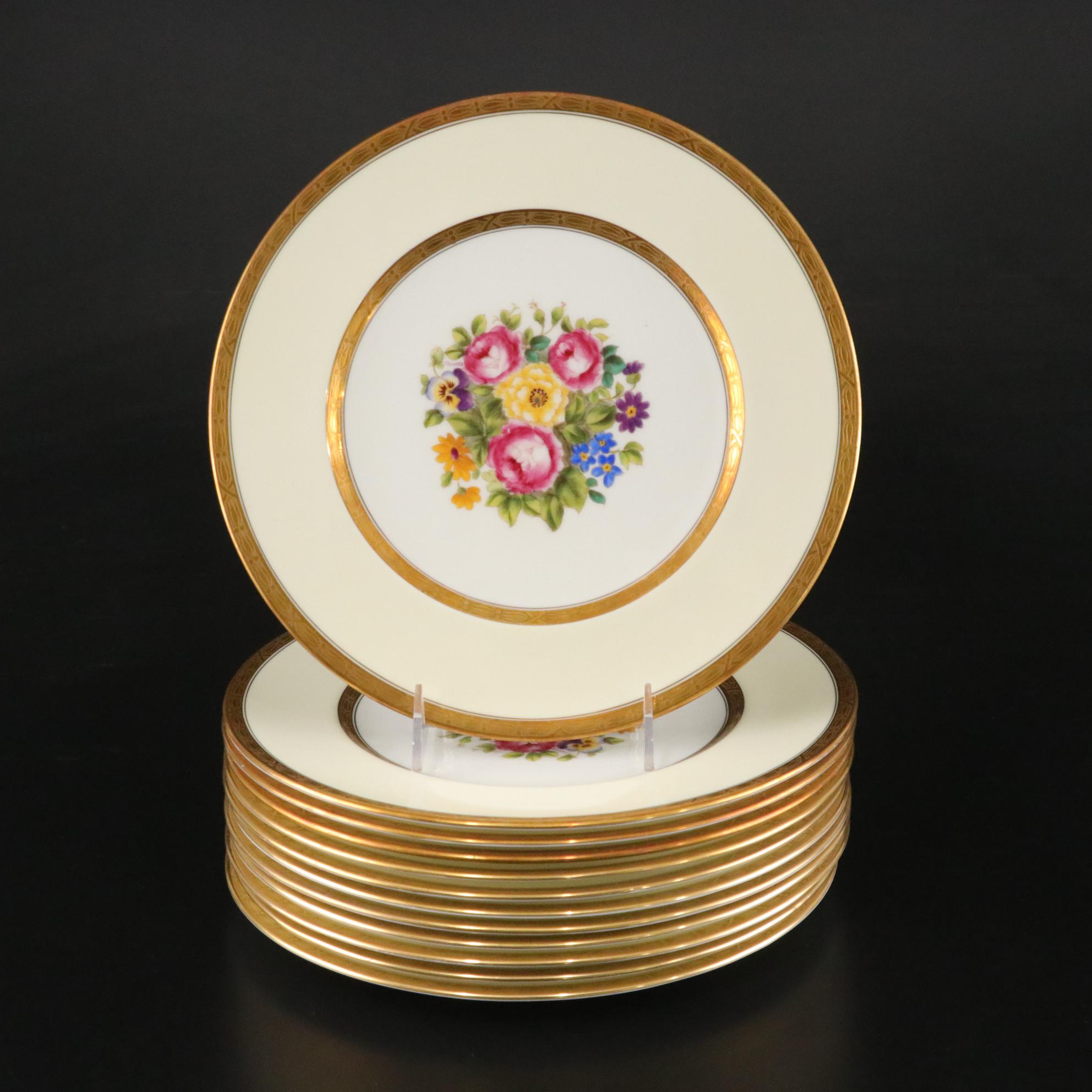 Cauldon China Collection of Gilt Cabbage Rose Dinner Plates