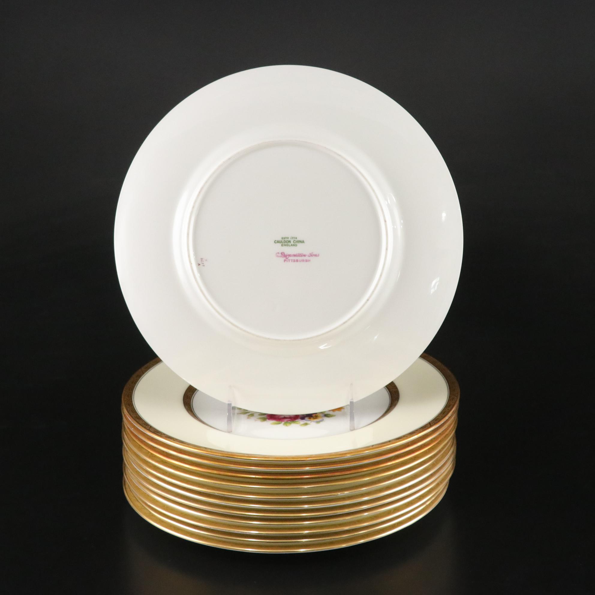 Cauldon China Collection of Gilt Cabbage Rose Dinner Plates