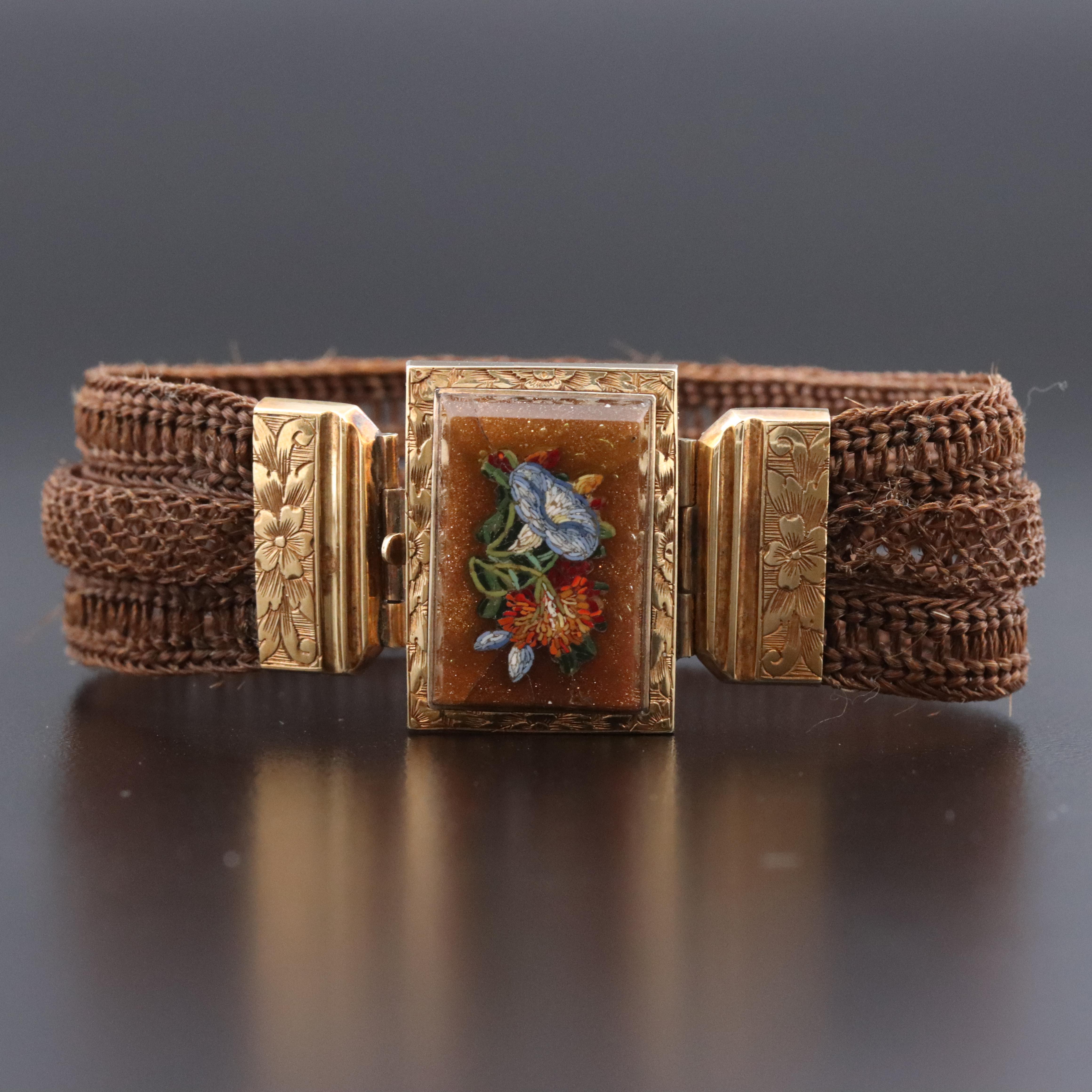 Victorian 10K Micromosaic, Goldstone and Woven Hairwork Bracelet