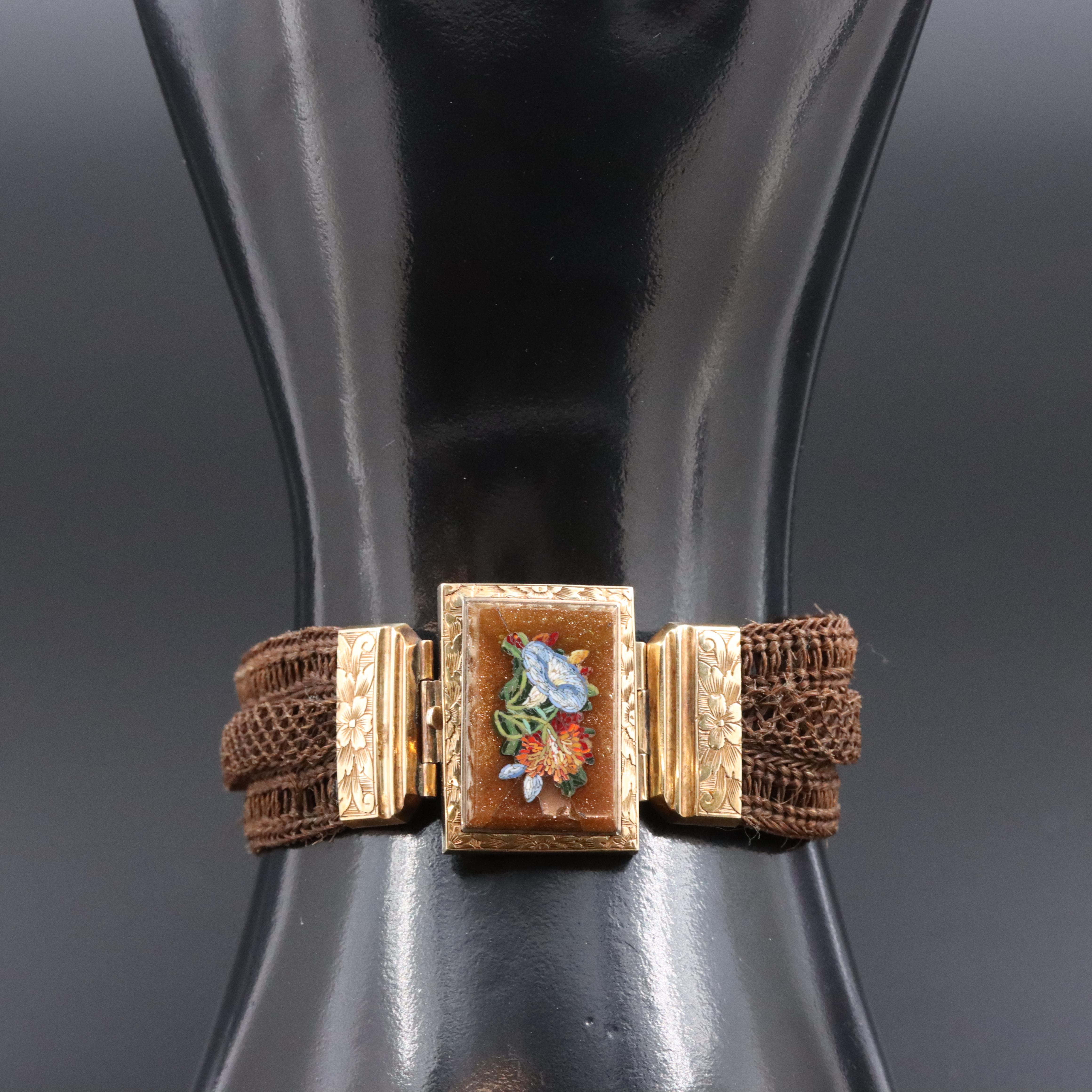Victorian 10K Micromosaic, Goldstone and Woven Hairwork Bracelet