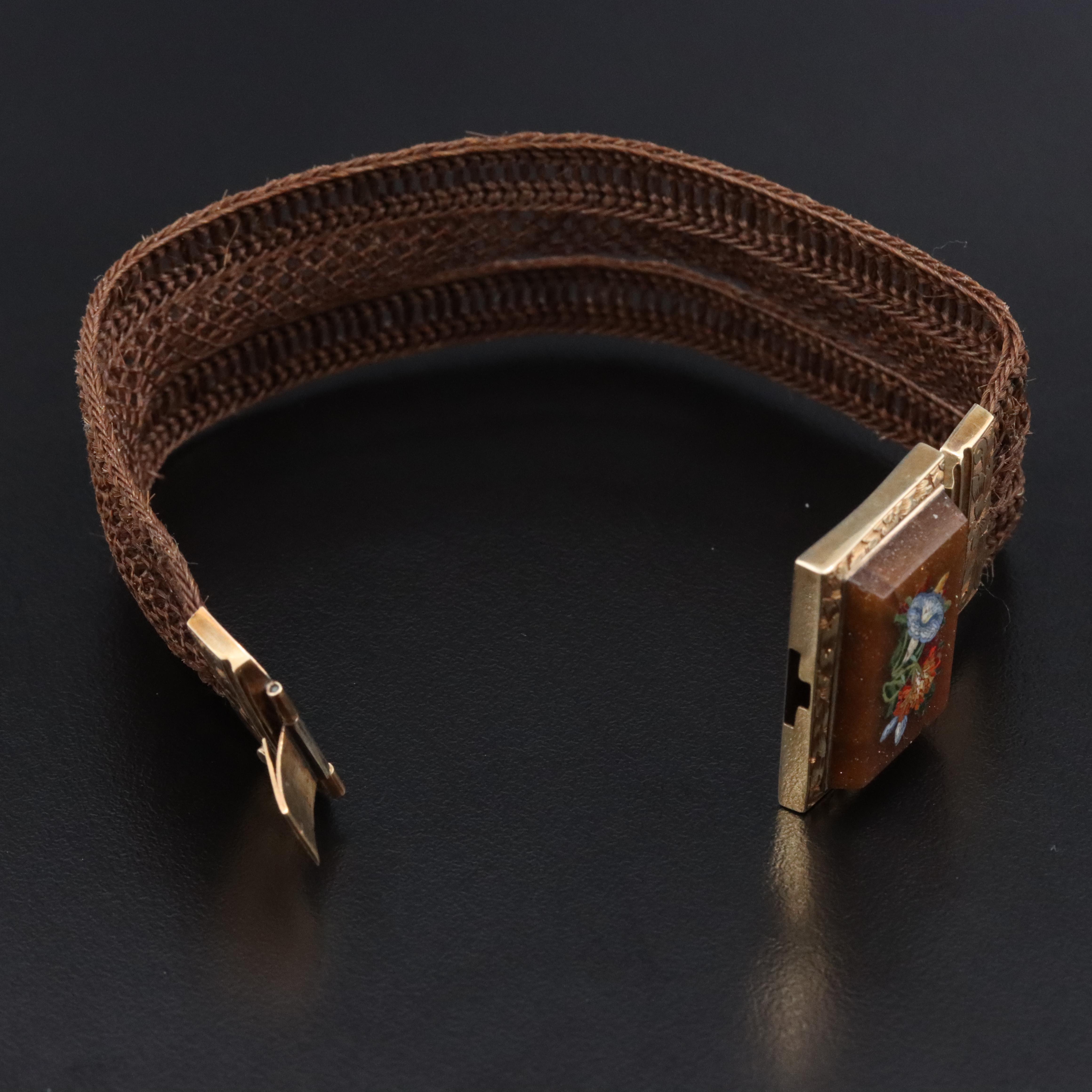 Victorian 10K Micromosaic, Goldstone and Woven Hairwork Bracelet