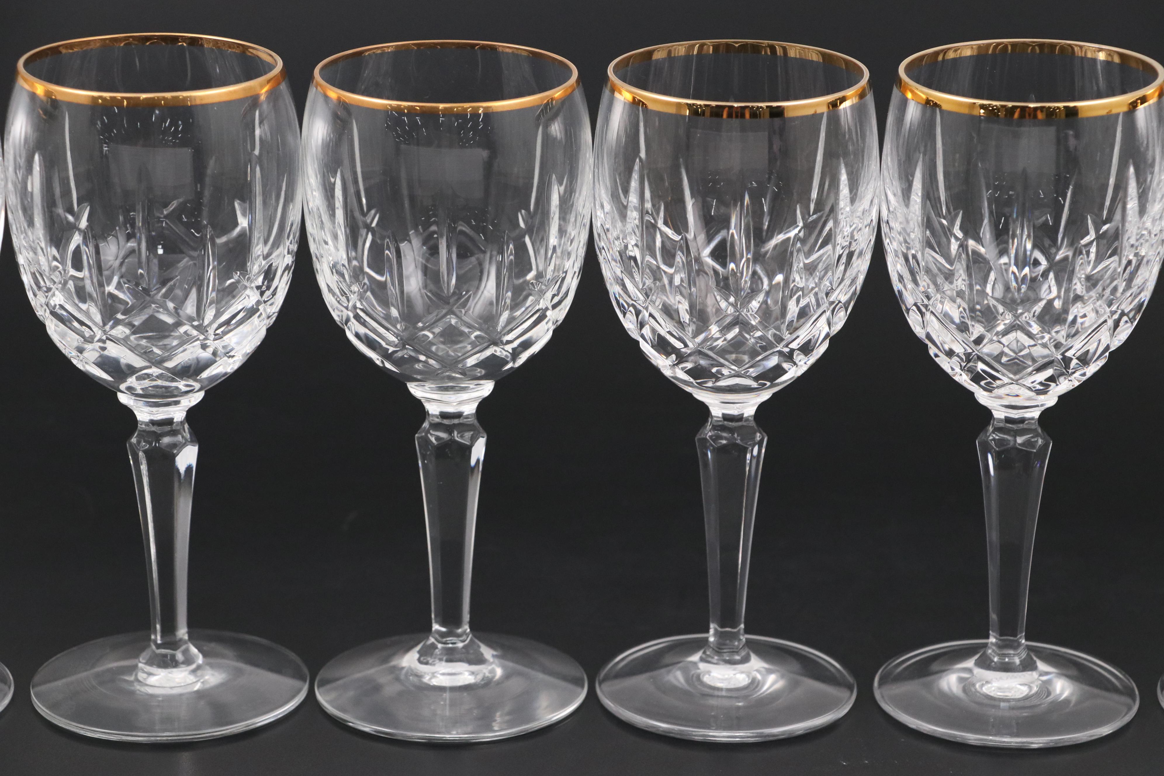 Gorham "Lady Anne Gold" Crystal Wine Glasses and Rogaska Crystal Candle Holder