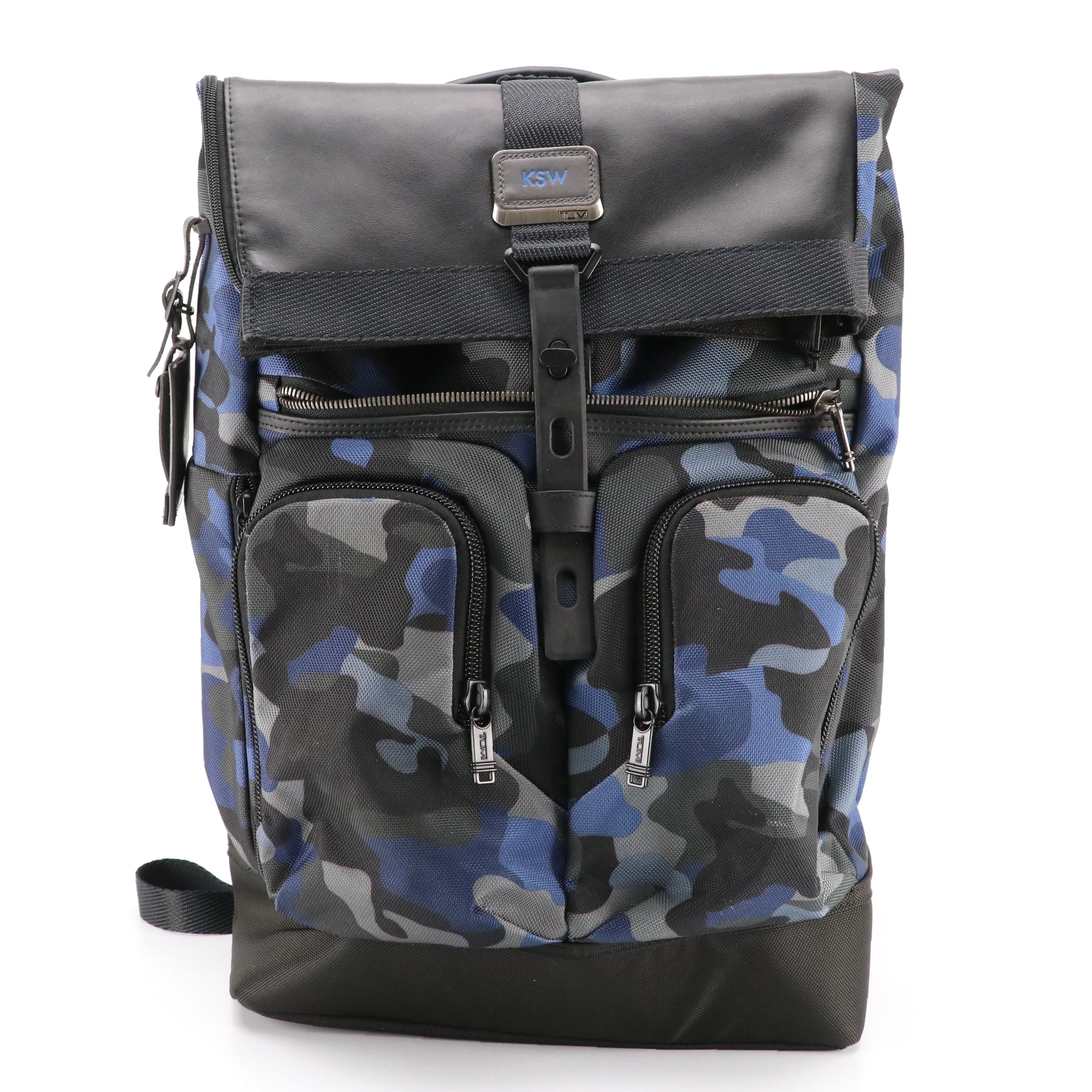 Tumi Alpha Bravo Roll-Top Backpack in Blue Camo Nylon and Black Leather