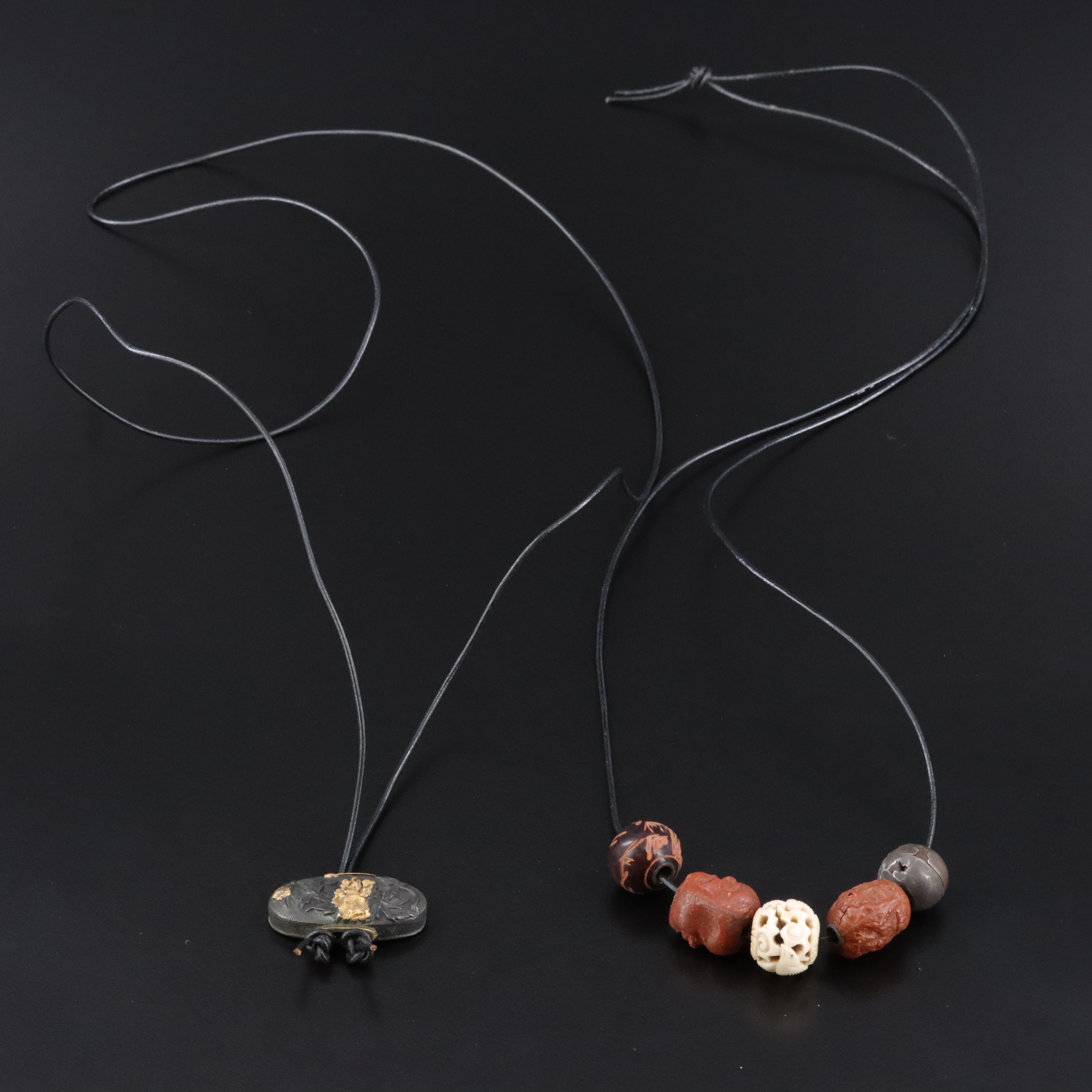 Antique Japanese Carved Ojime Beads and Netsuke with Leather Cords