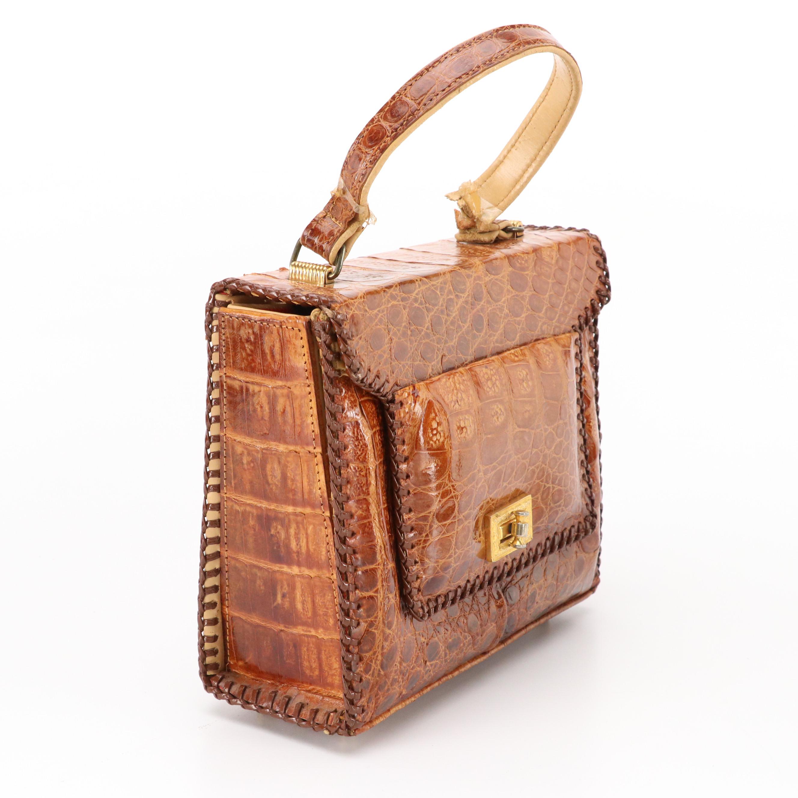 Caiman Alligator Top Handle Bag with Whipstitch Trim, Mid-20th Century