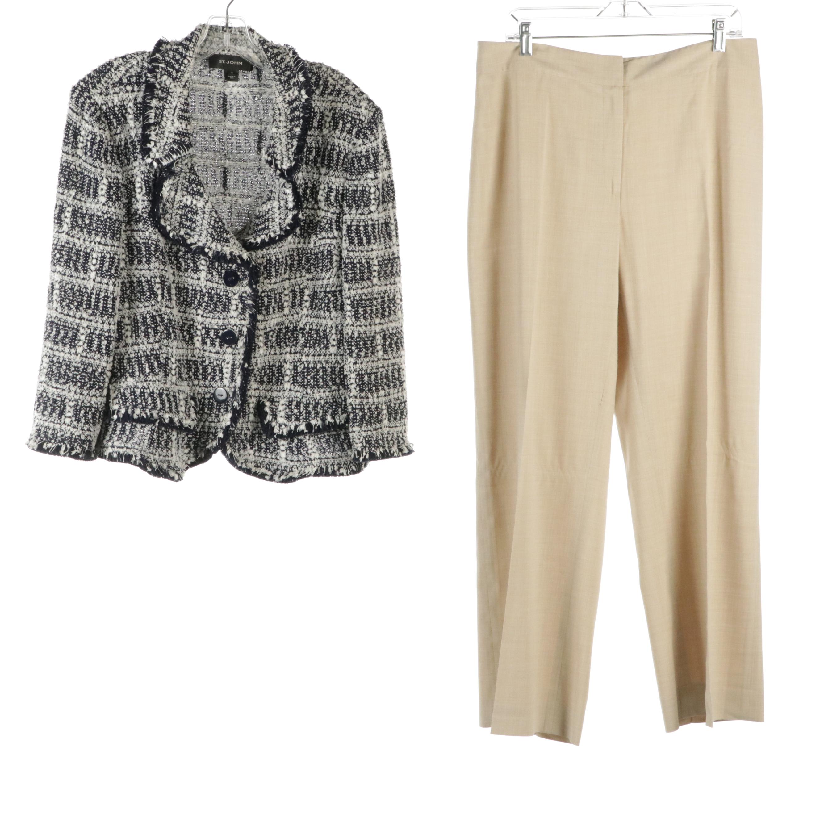 St. John Wool Periwinkle Melange Knit Pants, Brown Wool Blend Trousers & Blazer