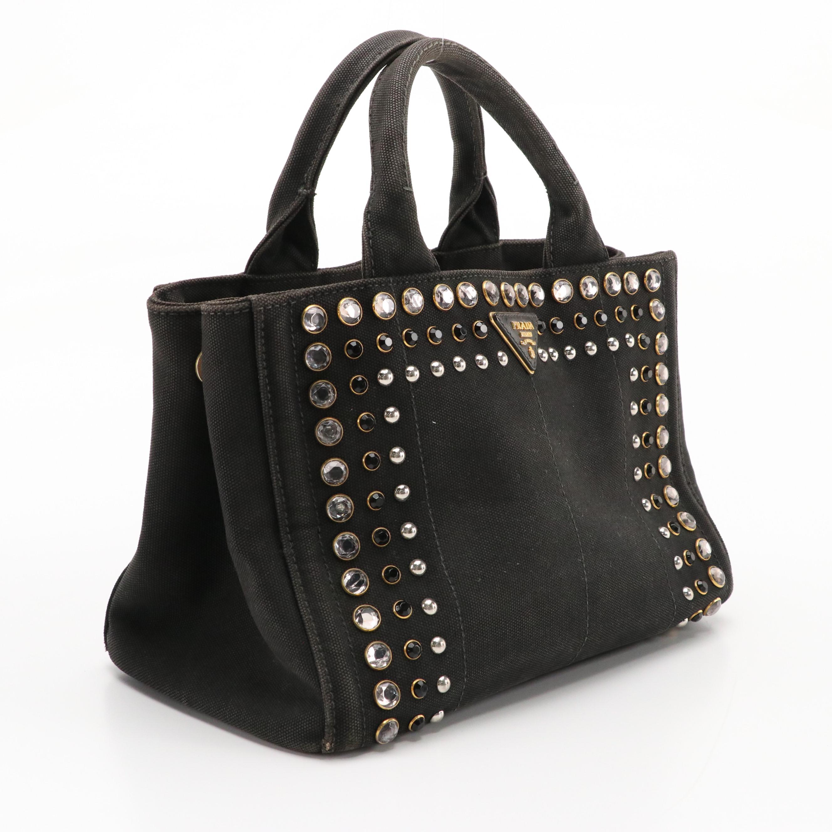 Prada Small Crystal Studded Canapa Bijoux Handbag Tote in Black Canvas