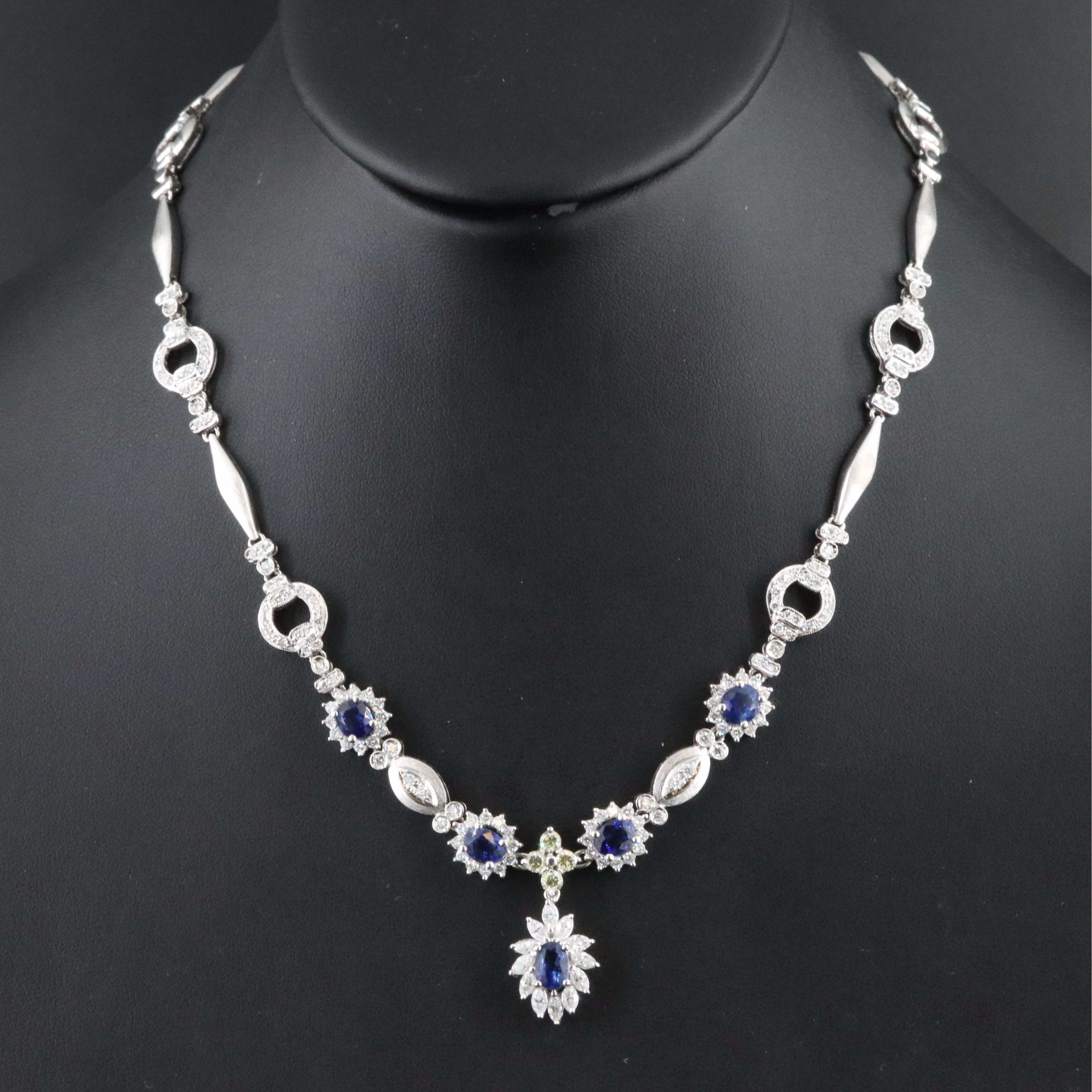 14K Sapphire and 3.47 CTW Diamond Necklace with Fancy Diamonds