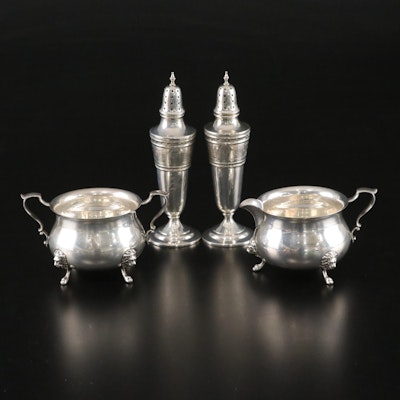 Poole Sterling Silver "Georgian" Creamer & Sugar with Wedgwood Salt & Pepper Poole Sterling Silver "Georgian" Creamer & Sugar with Wedgwood Salt & Pepper